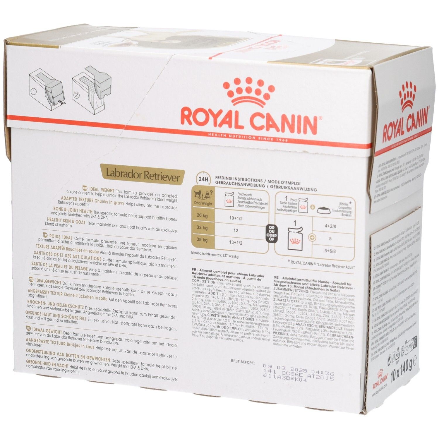 Royal Canin Labrador Retriever Adult Futterkarton, Seitenansicht mit Fütterungshinweisen.