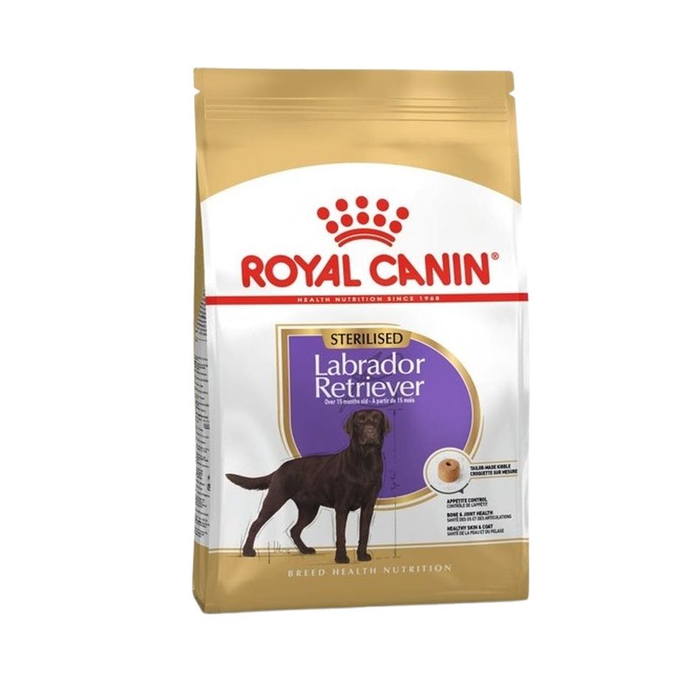 Emballage de nourriture pour chien Royal Canin Labrador Retriever Sterilised, vue de face.