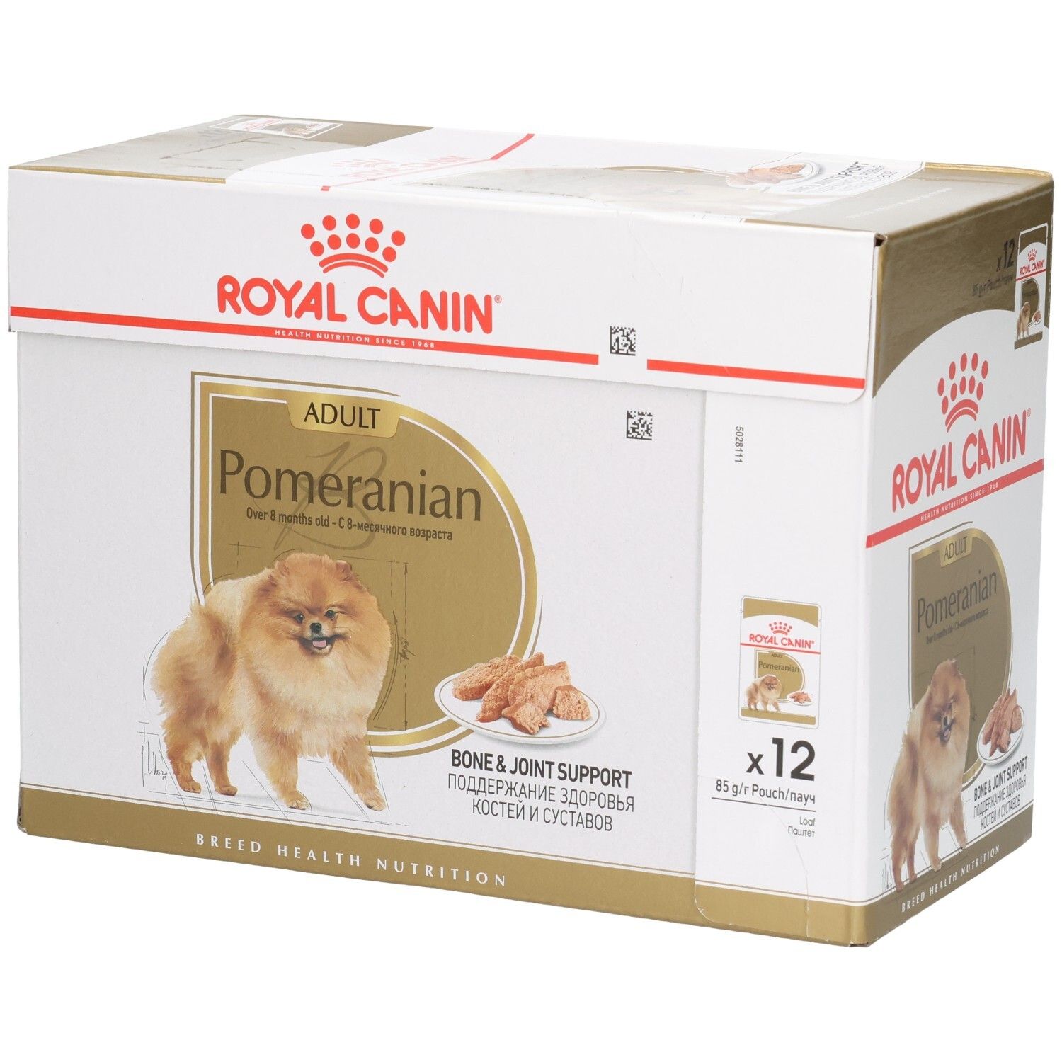 Royal Canin Pomeranian Adult Futterkarton mit 12x85g Beuteln, Knochen- und Gelenkunterstützung.