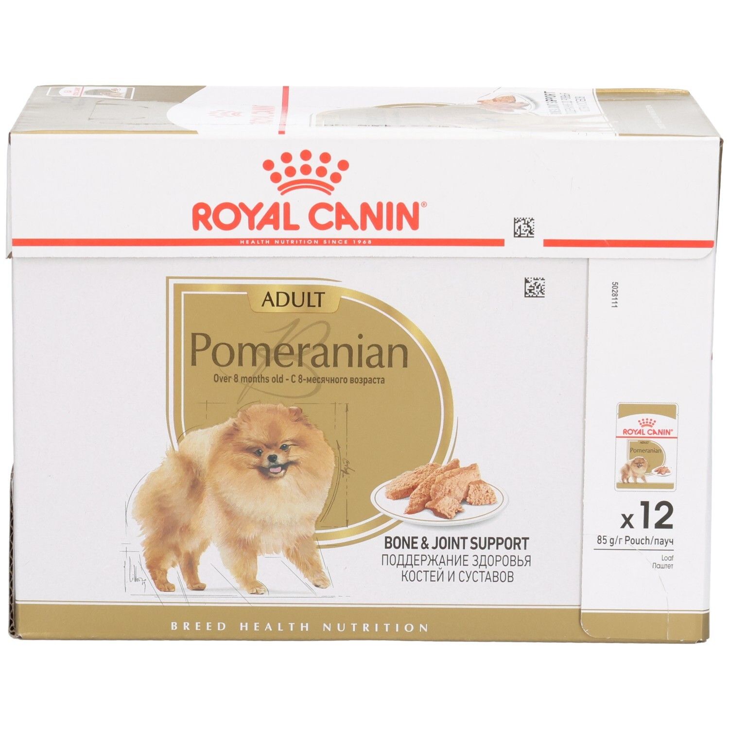 Royal Canin Pomeranian Adult Futterkarton, 12x85g Beutel, mit Fokus auf Knochen- und Gelenkunterstützung.