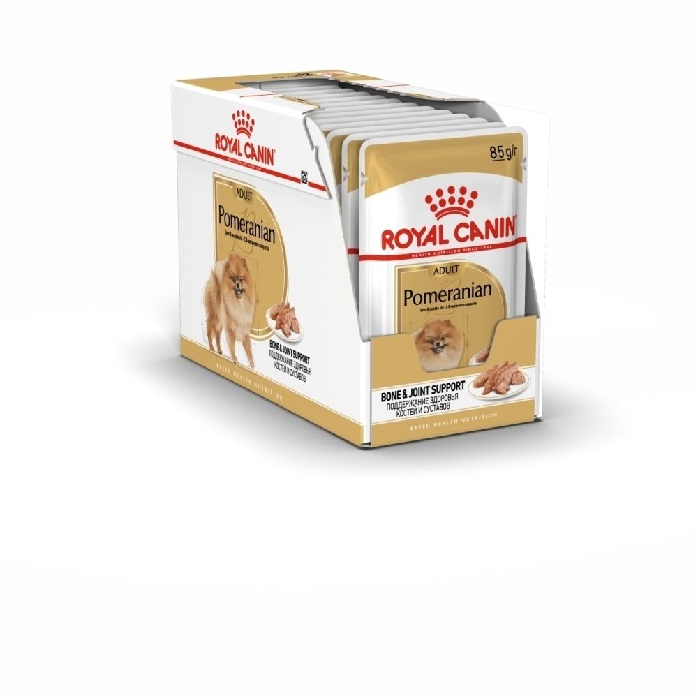 Royal Canin Pomeranian Hundefutter-Displaybox mit 12 Beuteln, Adult Bone & Joint Support.