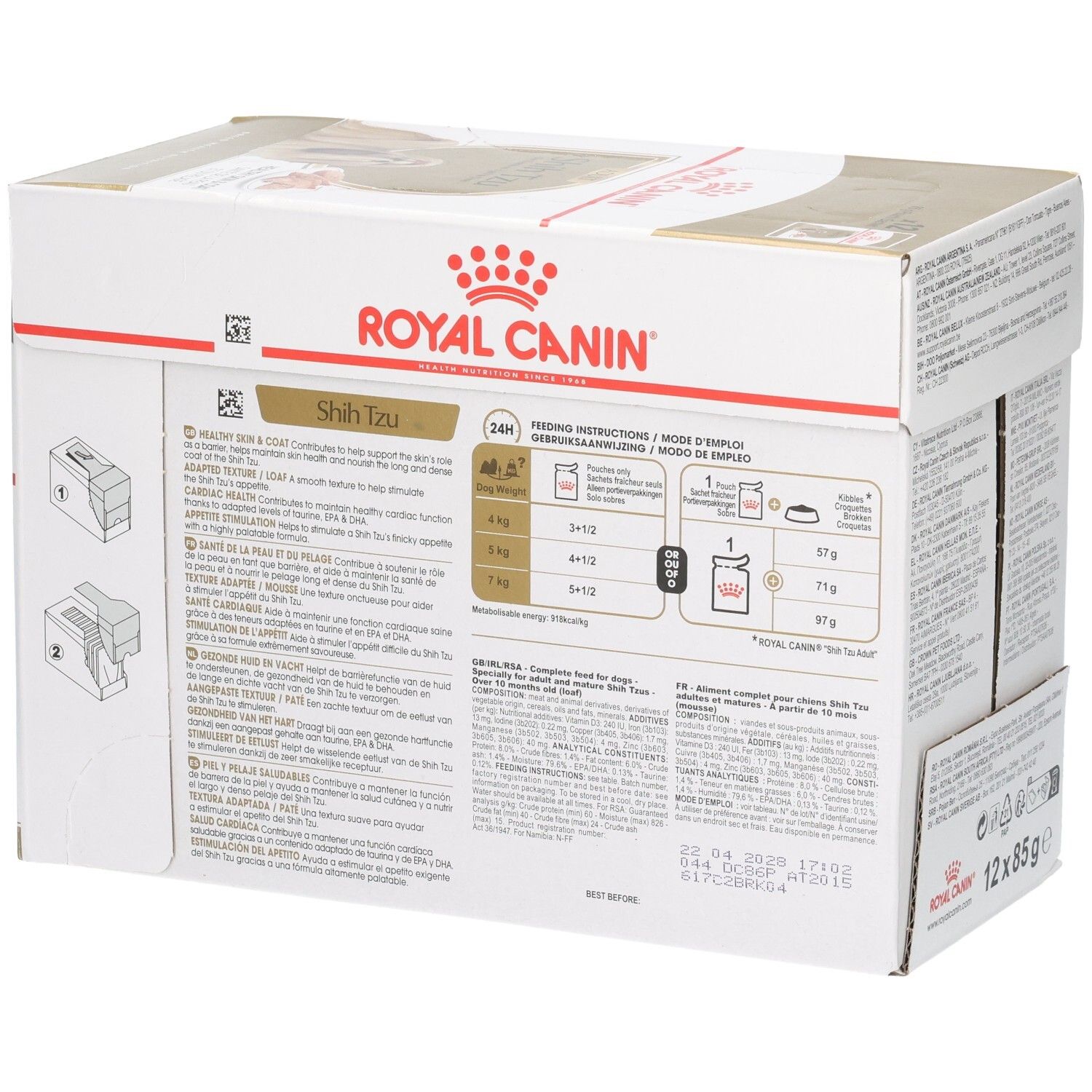 Royal Canin Shih Tzu Adult: Fütterungsempfehlung und Hinweise auf der Verpackung.