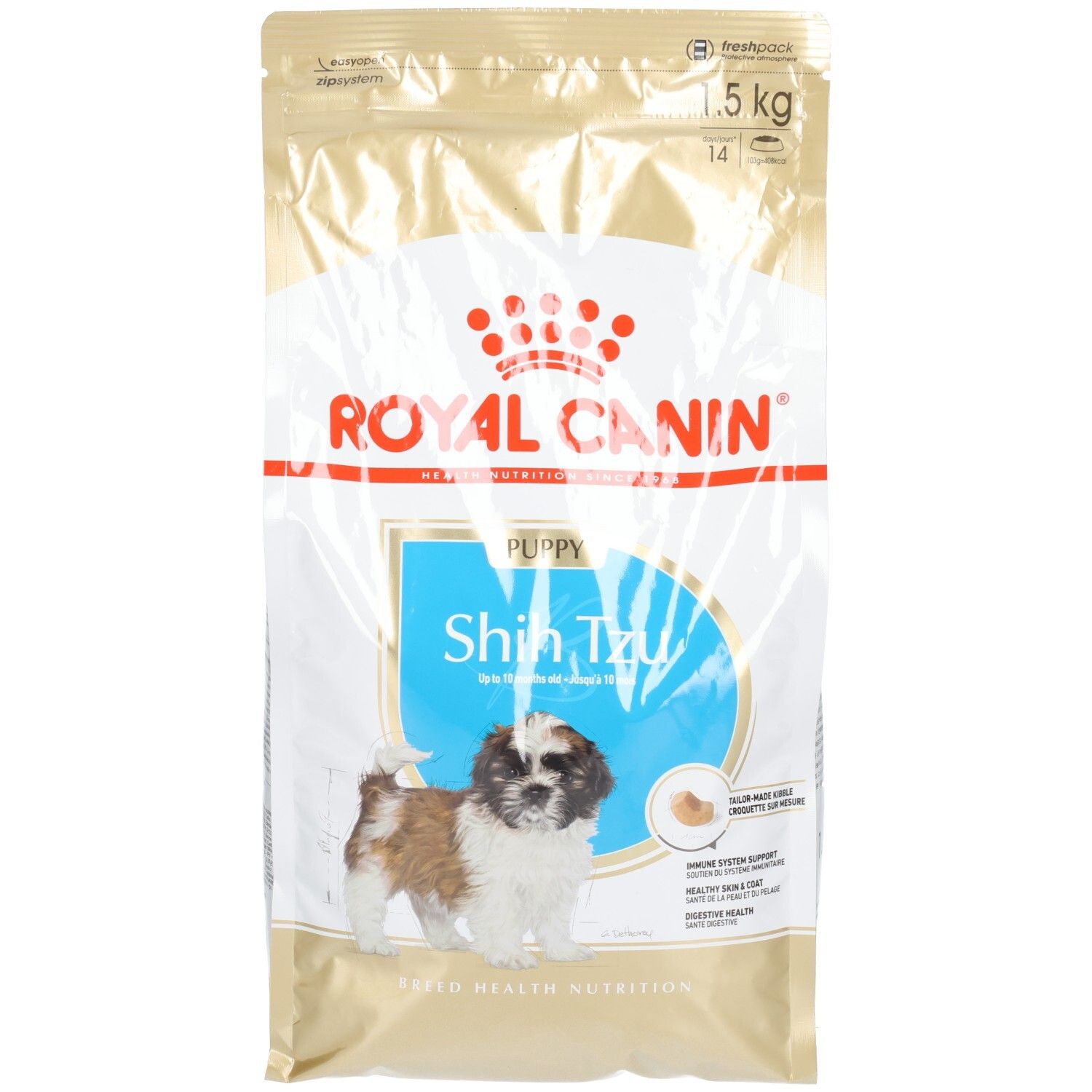 Royal Canin Shih Tzu Puppy Hundefutter, 1.5 kg Beutel mit Welpenbild und Produktinformationen.