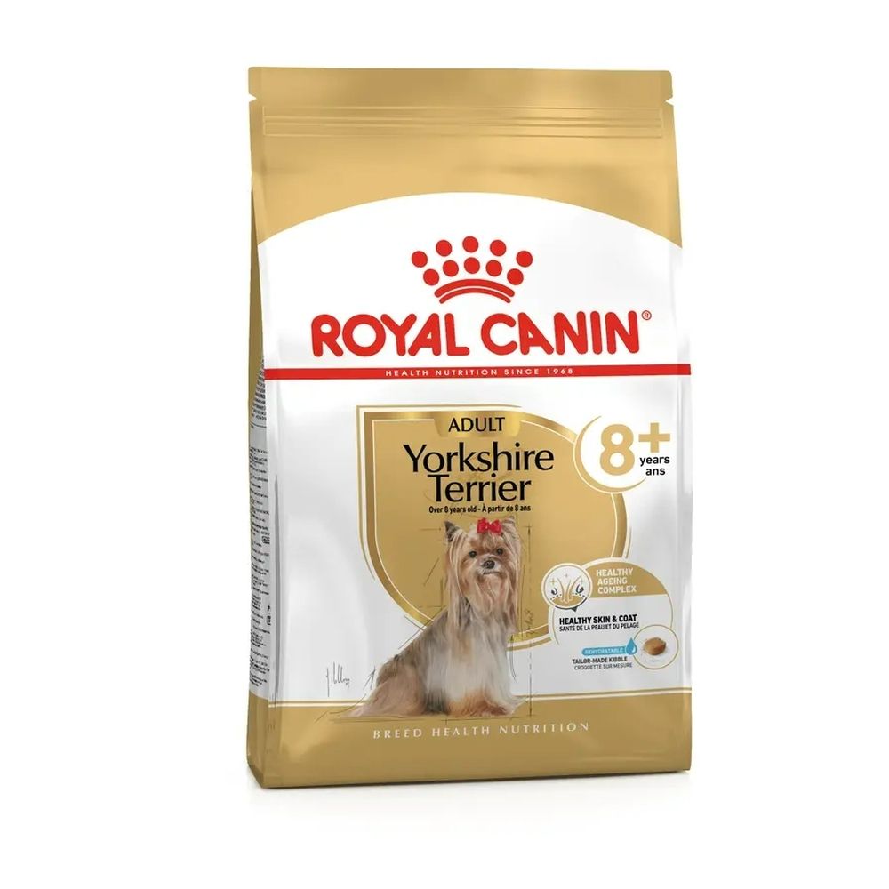 Royal Canin Yorkshire Terrier 8+ Adult Hundefutter, 1kg Beutel mit Yorkshire Terrier Abbildung.