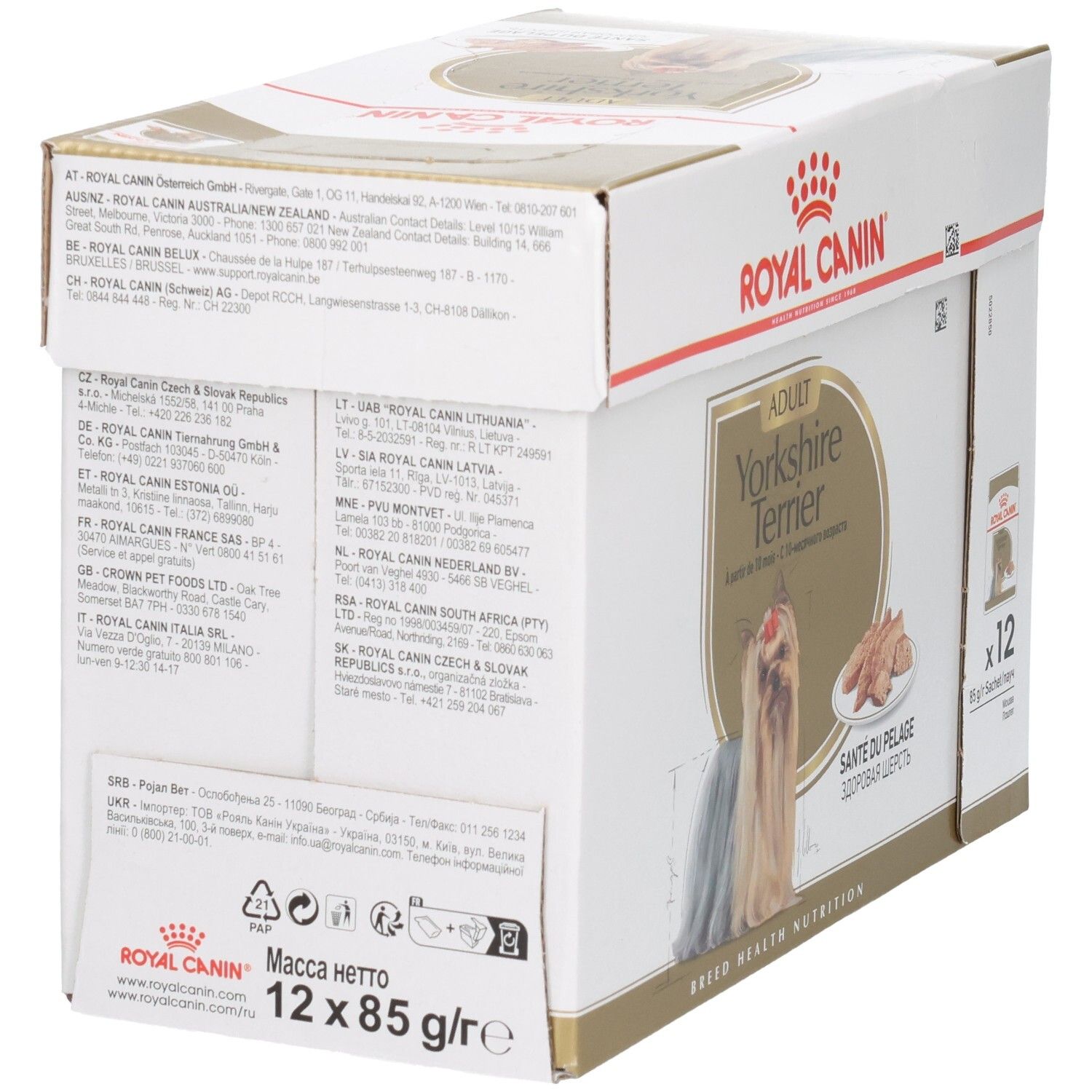 Rückseite der Royal Canin Yorkshire Terrier Adult Multipackung mit Adressinformationen.