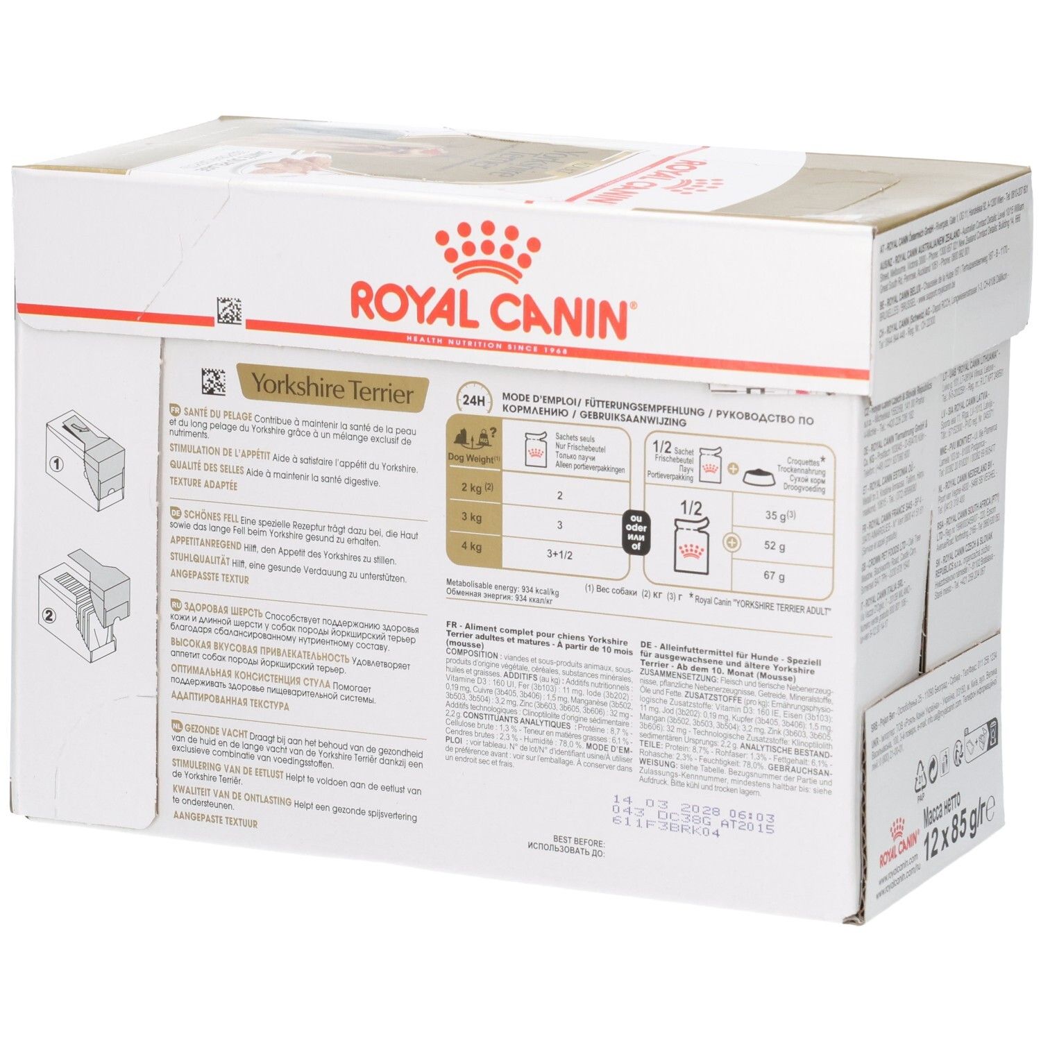 Seitenansicht der Royal Canin Yorkshire Terrier Adult Multipackung mit Fütterungshinweisen.