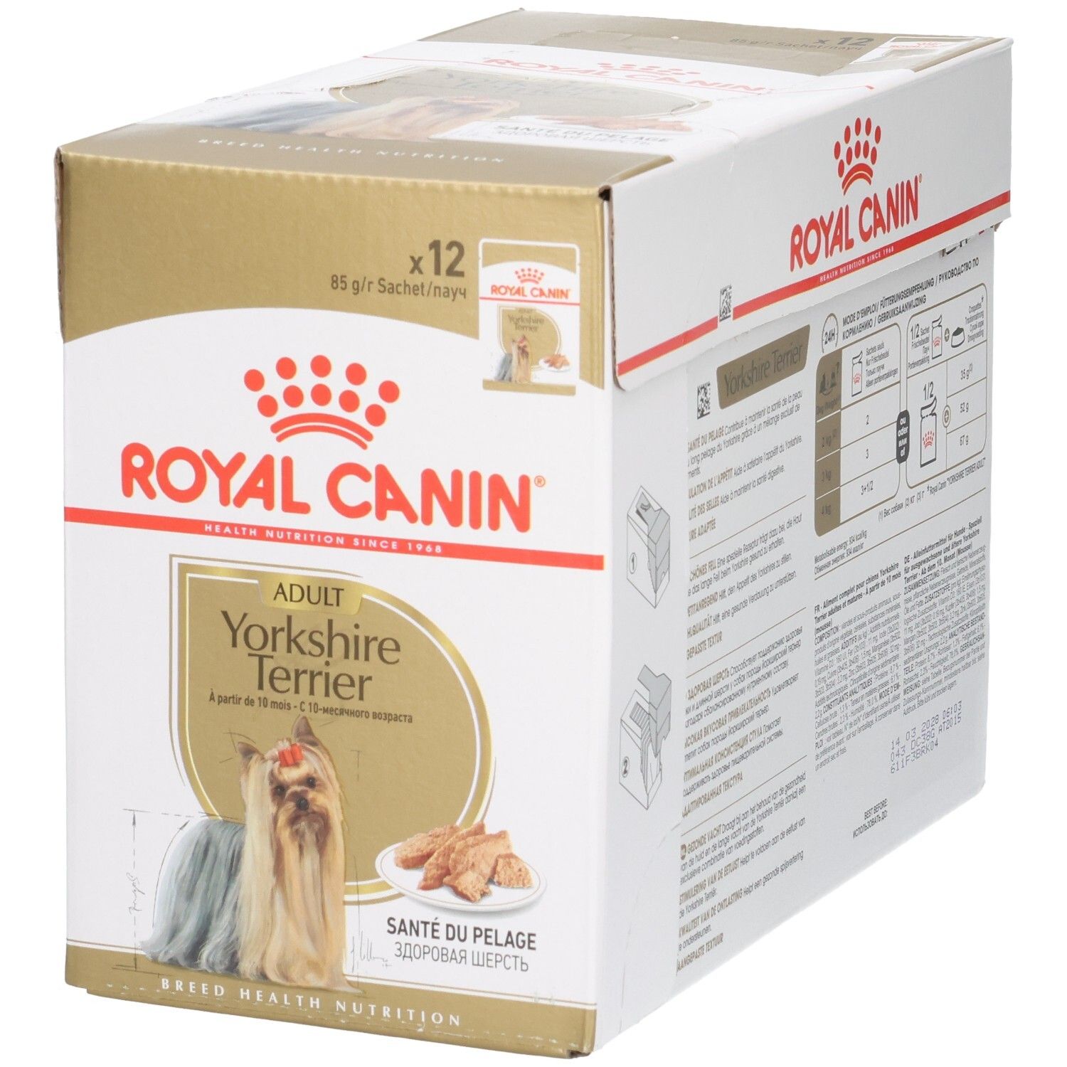 Vorderseite der Royal Canin Yorkshire Terrier Adult Multipackung mit Hundebild.