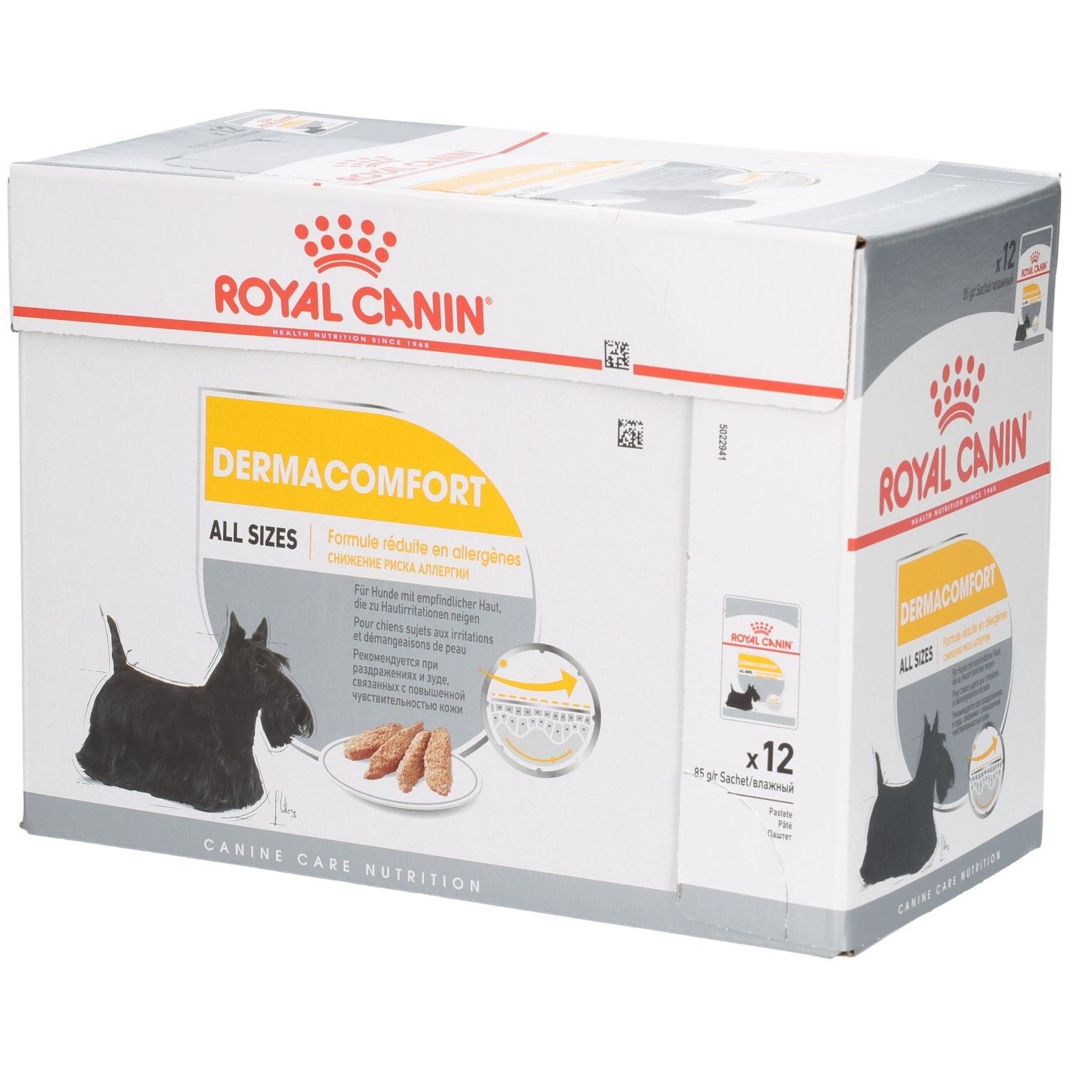 Royal Canin DERMACOMFORT Hundefutter-Box, 12x85g Beutel, für alle Größen, mit Scottie-Hund-Illustration.
