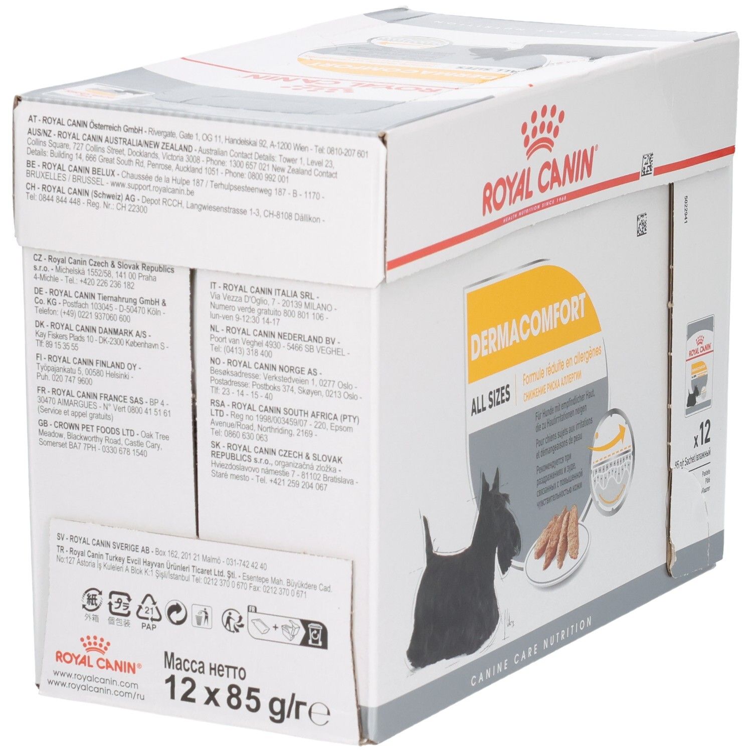 Rückseite der Royal Canin DERMACOMFORT Box mit Adressinformationen und Produktmerkmalen.