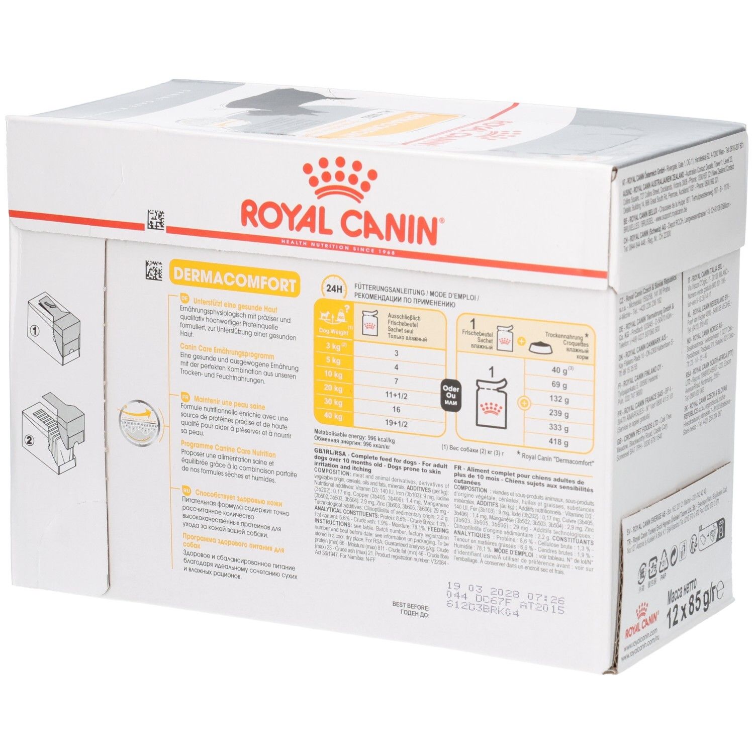 Seitenansicht der Royal Canin DERMACOMFORT Box mit Fütterungsempfehlungen und Produktinformationen.