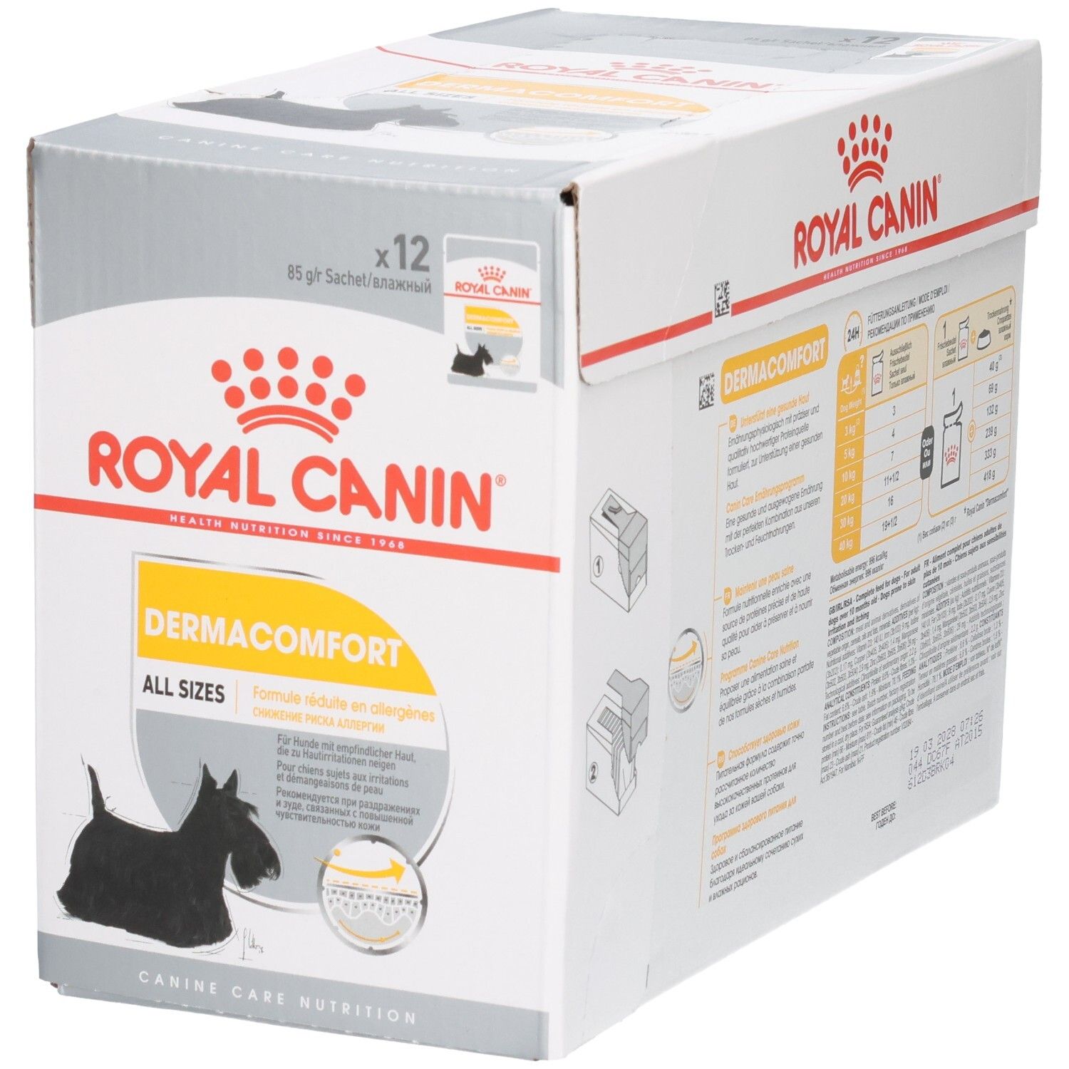 Royal Canin DERMACOMFORT Hundefutter-Box, 12x85g Beutel, mit Scottie-Hund-Illustration und Fütterungshinweisen.