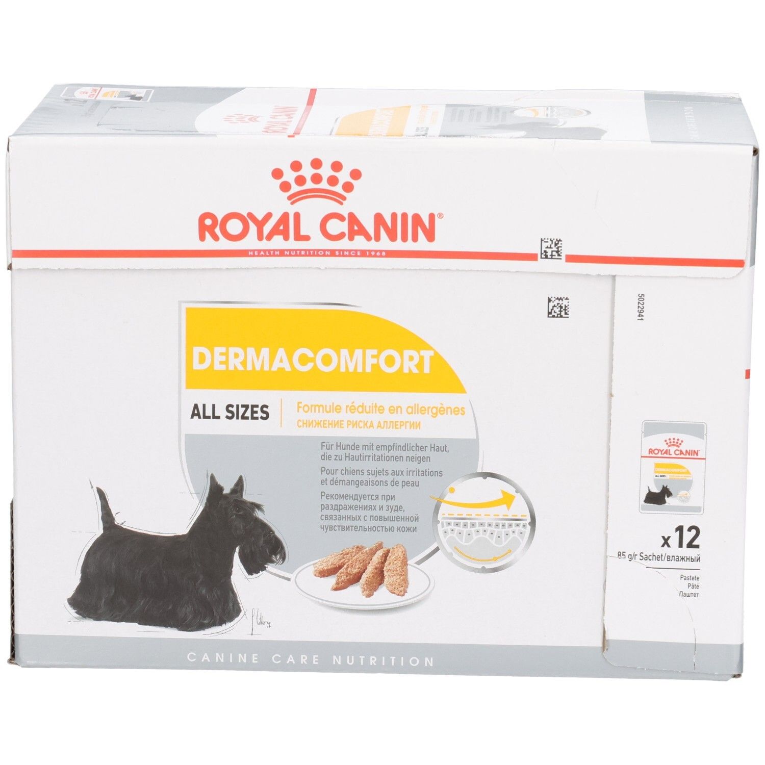 Vorderseite der Royal Canin DERMACOMFORT Box, 12x85g Beutel, mit Scottie-Hund-Illustration und Produktbeschreibung.