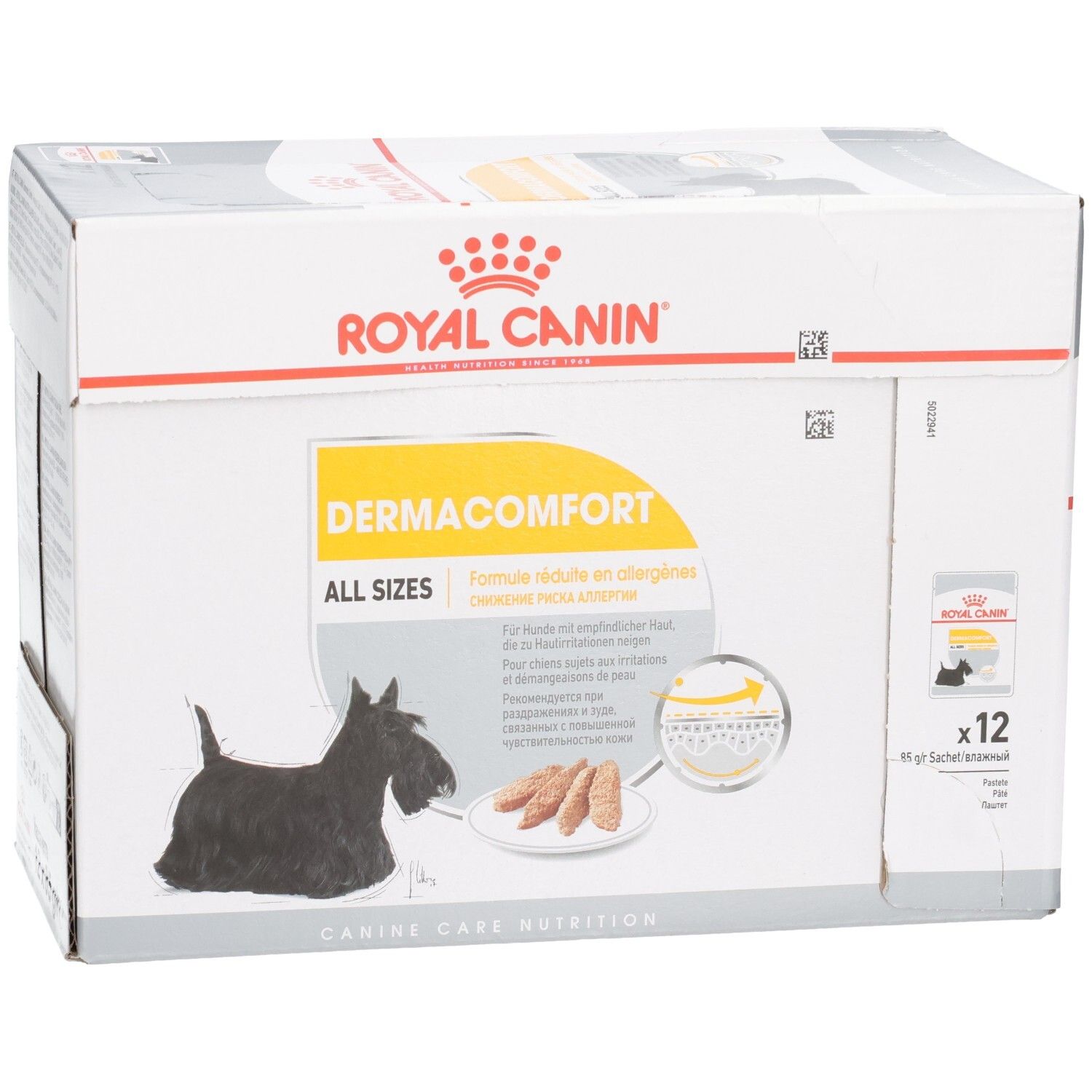 Royal Canin DERMACOMFORT Hundefutter-Box, 12x85g Beutel, mit Scottie-Hund-Illustration und Detailansicht der Kroketten.