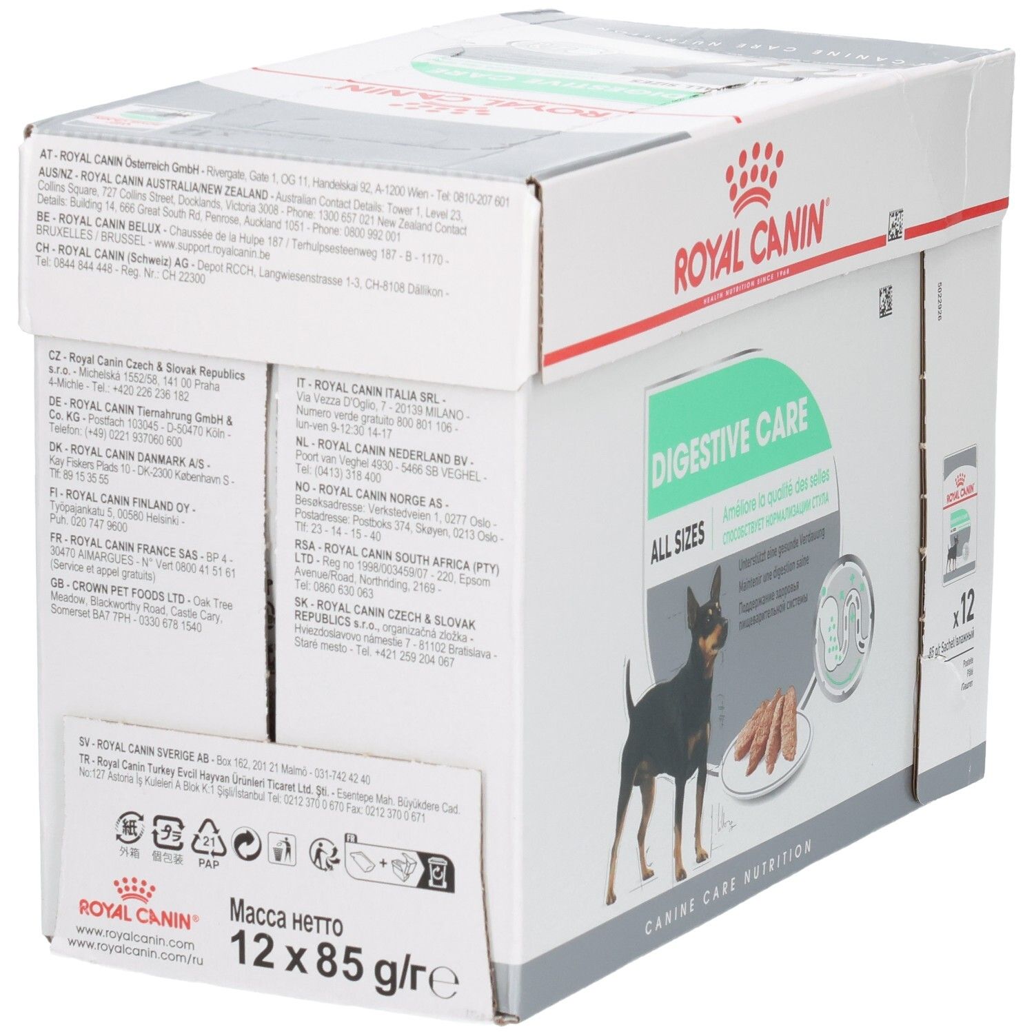 Rückseite des Royal Canin Digestive Care Kartons mit Produktinformationen und Adressen.