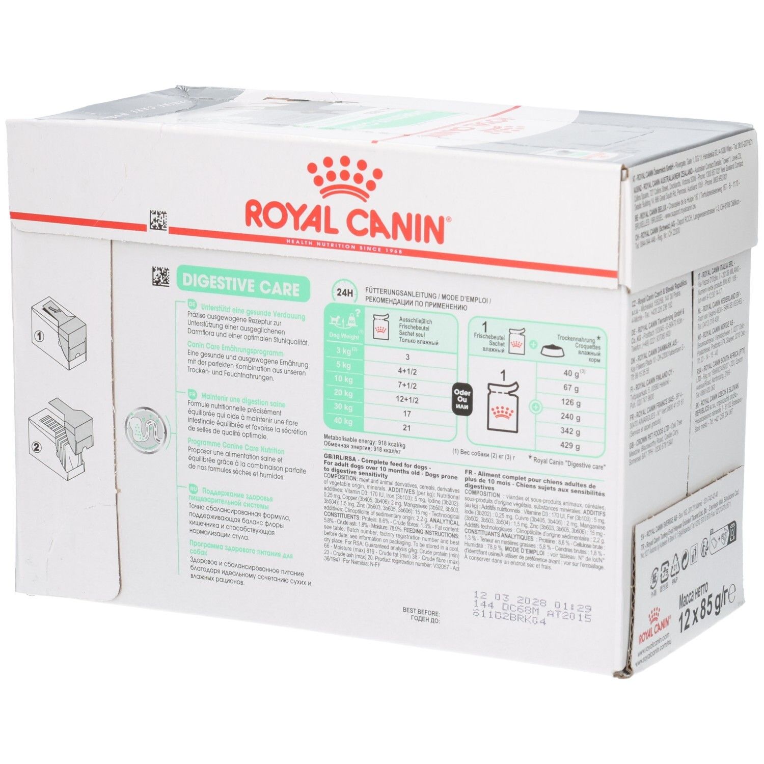 Seitenansicht des Royal Canin Digestive Care Kartons mit Fütterungsempfehlungen.