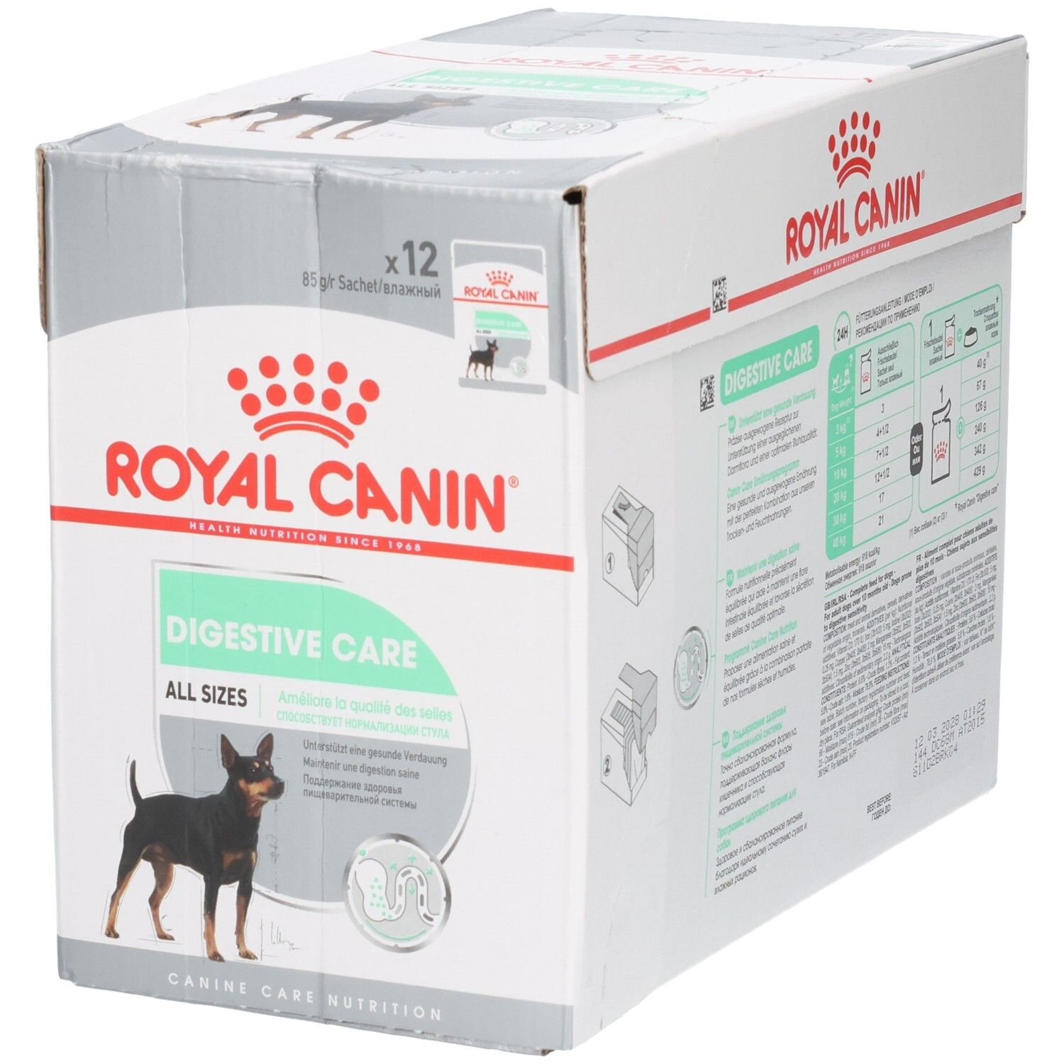Vorderseite des Royal Canin Digestive Care Kartons mit Hundebild und Produktbezeichnung.