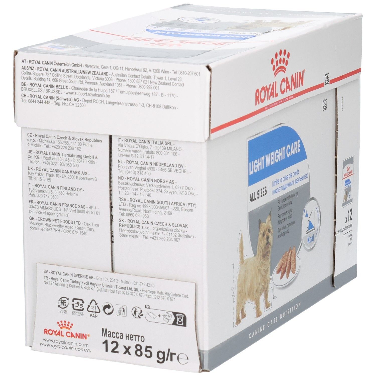 Rückseite der Royal Canin Light Weight Care Box mit Adressinformationen und Produktübersicht.