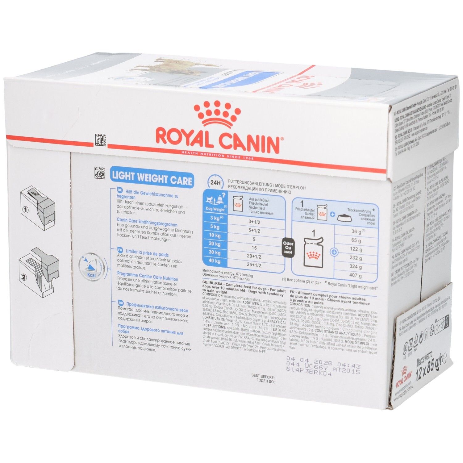 Seitenansicht der Royal Canin Light Weight Care Box mit Fütterungsempfehlungen und Produktinformationen.