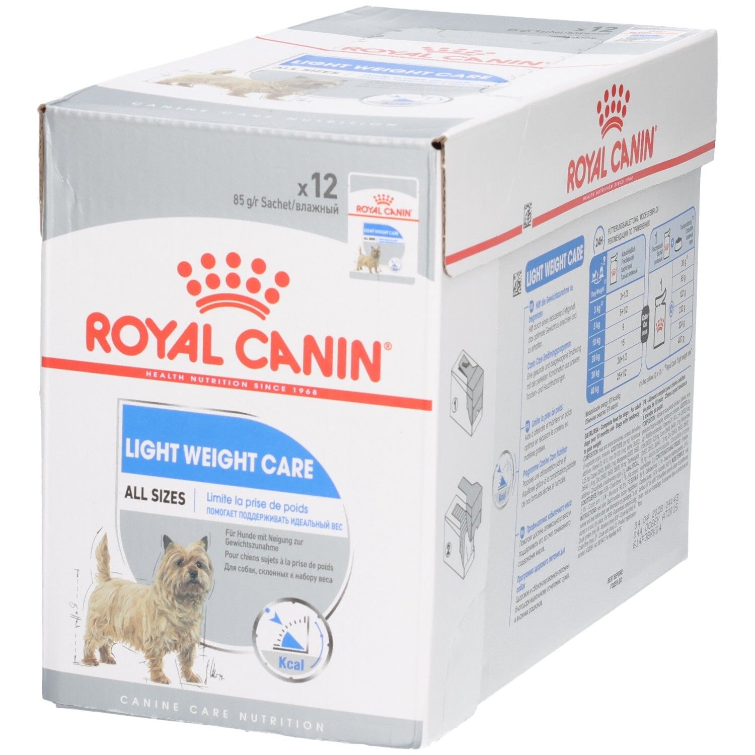 Royal Canin Light Weight Care All Sizes Hundefutter-Box, 12x85g Beutel. Enthält einen Cairn Terrier.