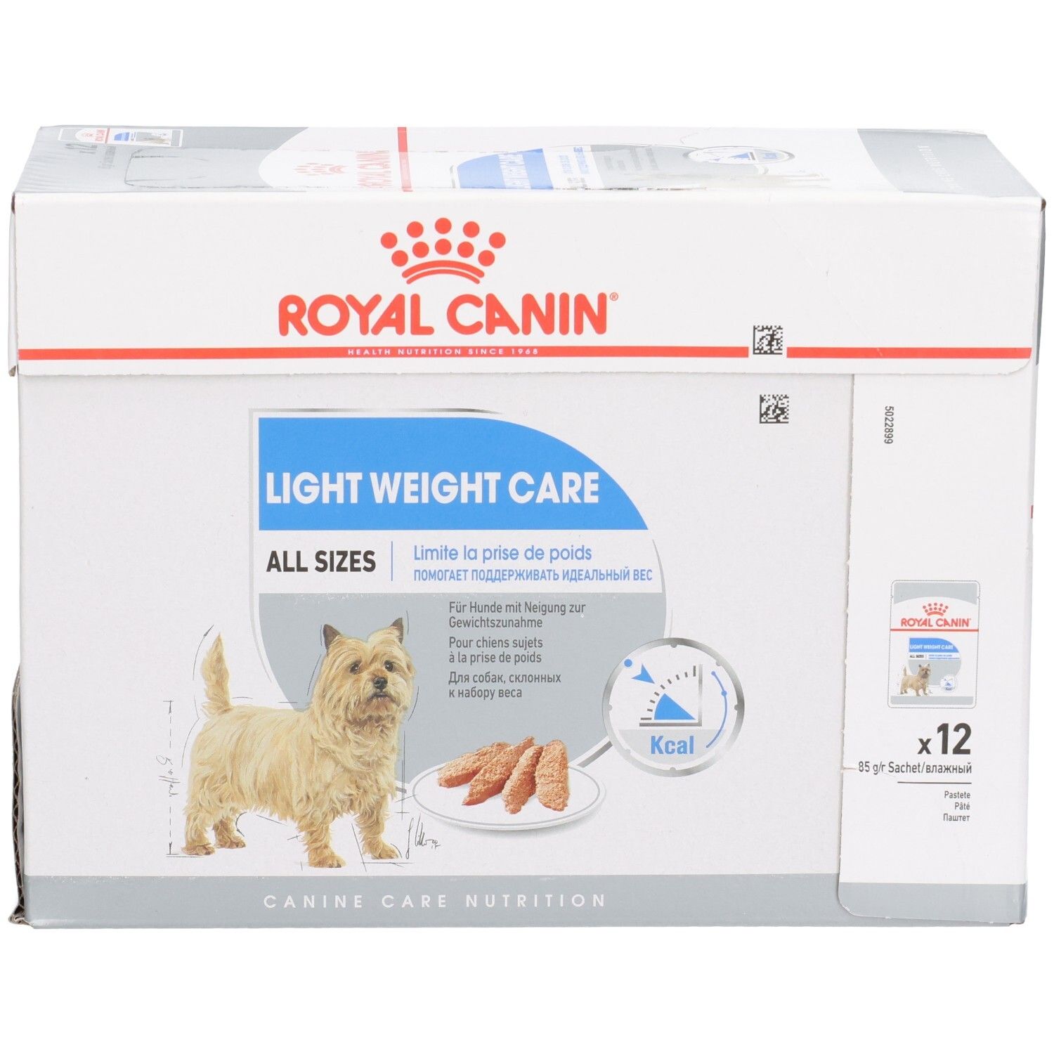 Royal Canin Light Weight Care All Sizes Hundefutter-Box, 12x85g Beutel. Enthält einen Cairn Terrier.