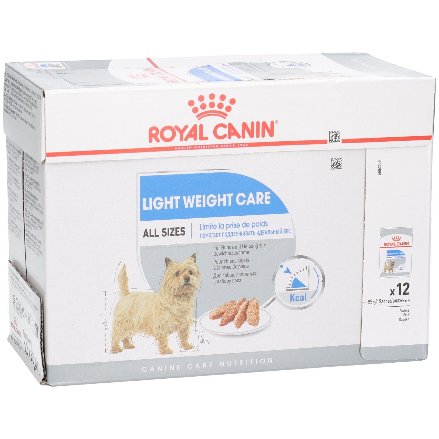 Royal Canin Light Weight Care All Sizes Hundefutter-Box, 12x85g Beutel. Enthält einen Cairn Terrier.
