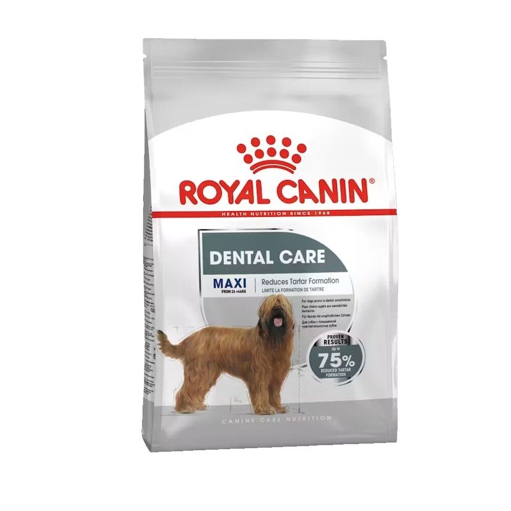 Royal Canin Maxi Dental Care Hundefutter-Beutel mit Hundebild und Produktinformationen.