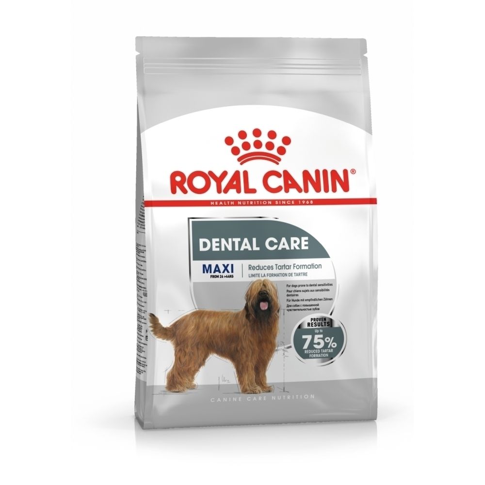 Royal Canin Dental Care Maxi Hundefutter-Sack mit Bild eines großen Hundes.