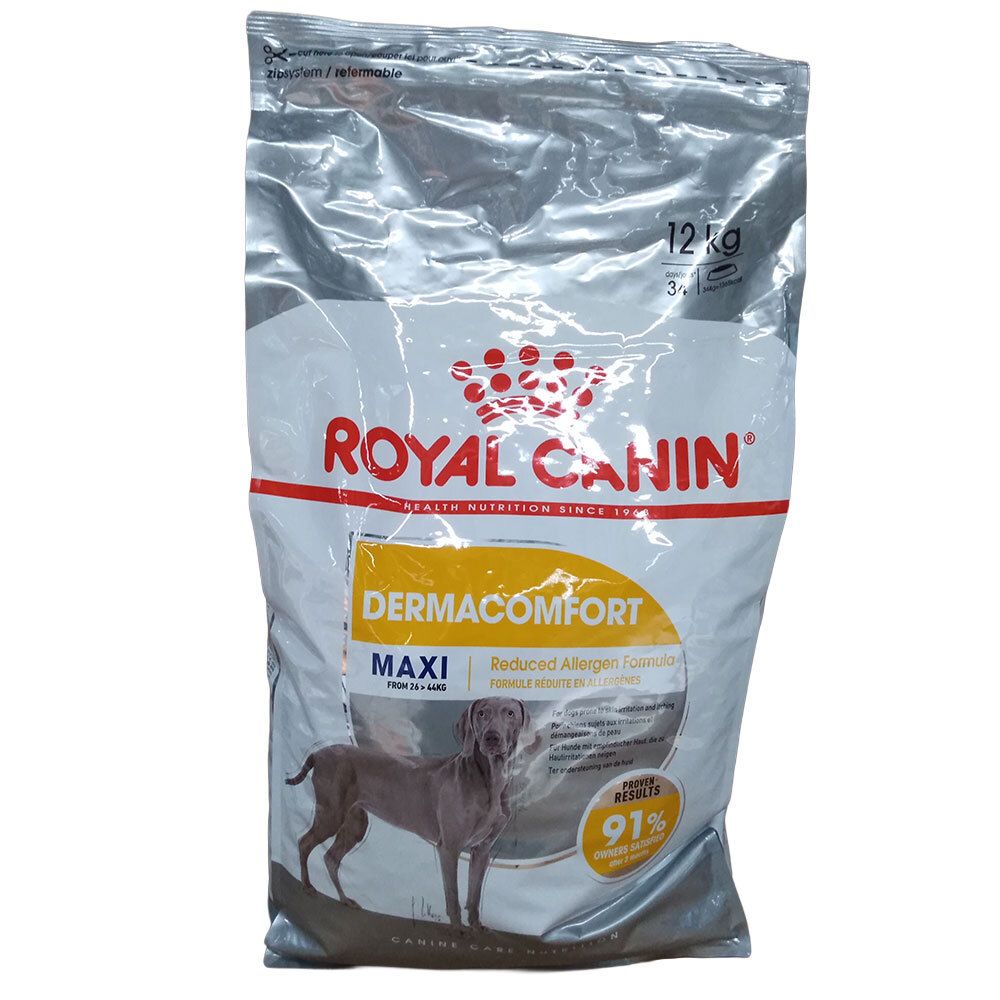 Royal Canin Maxi DermaComfort Hundefutter, 12kg Beutel mit Hundemotiv und Produktinformationen.