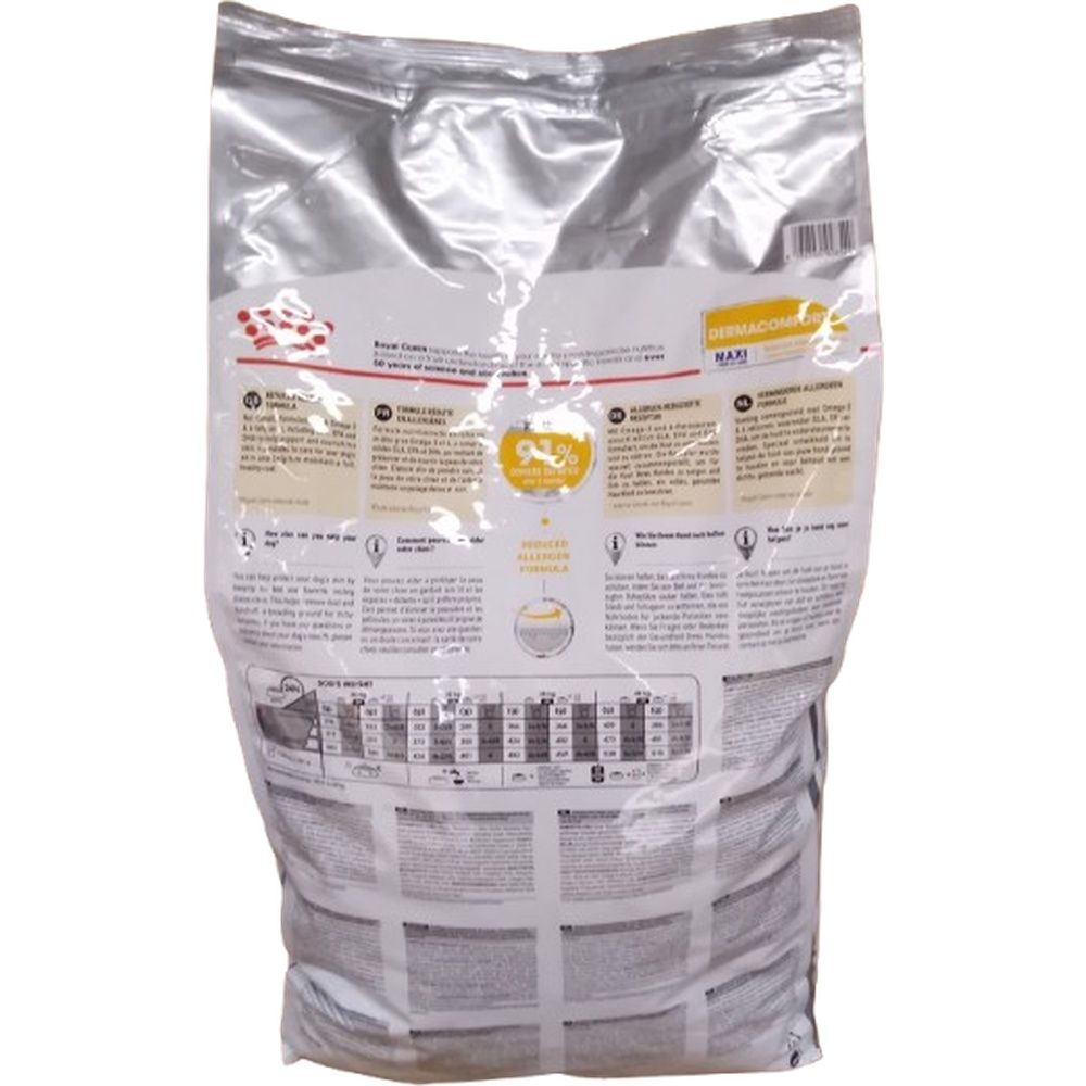 Rückseite eines 12kg Beutels Royal Canin Maxi DermaComfort Hundefutter mit detaillierten Fütterungstabellen und Produktinformationen.