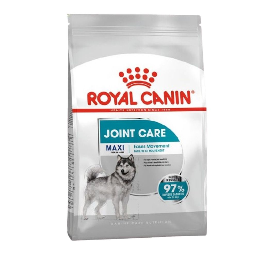Sacs de nourriture pour chiens Royal Canin Maxi Joint Care, 10 kg. Montre un husky et "97% des propriétaires satisfaits".