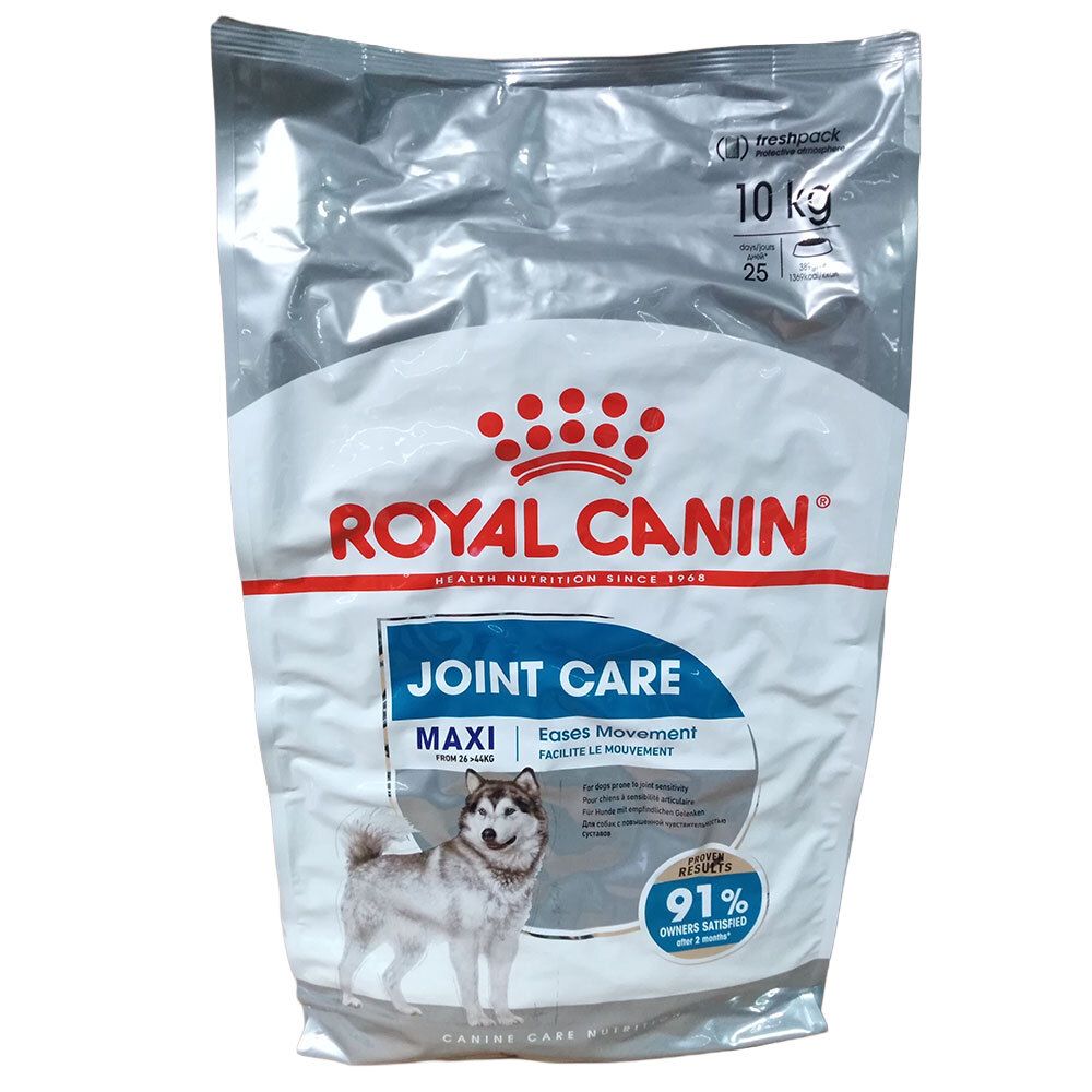 Royal Canin Maxi Joint Care Hundefutter, 10 kg Beutel. Zeigt einen Husky und die Aufschrift "91% der Besitzer sind zufrieden".