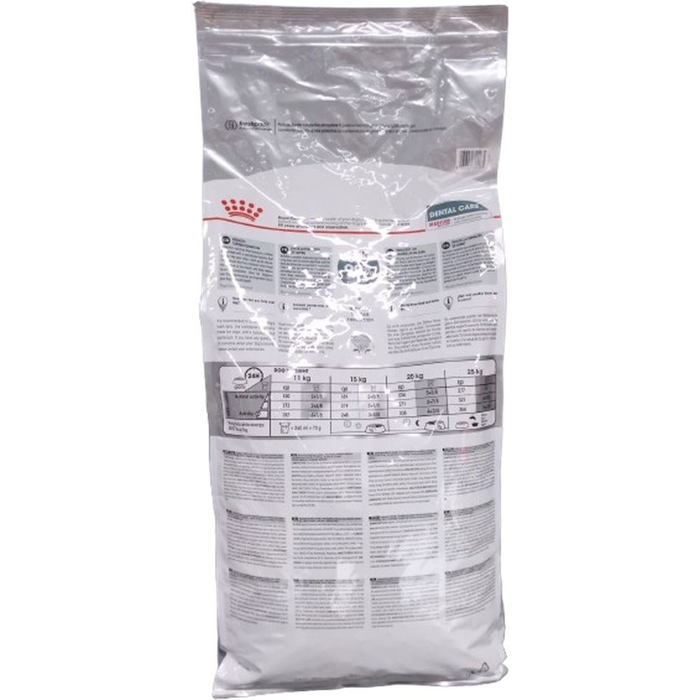 Rückseite eines Royal Canin MEDIUM DENTAL CARE 10kg Hundefutter-Sacks mit detaillierten Informationen und Tabellen.