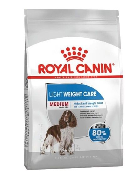 Nourriture pour chien Royal Canin MEDIUM LIGHT WEIGHT CARE avec image de chien et indication de contrôle du poids.