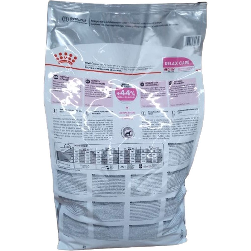 Rückseite eines 10 kg Sackes Royal Canin Relax Care Hundefutter mit Fütterungstabellen und Produktinformationen.