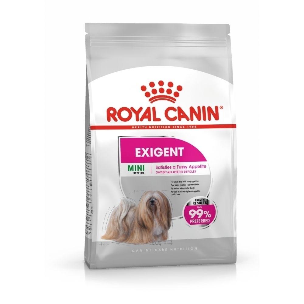 Royal Canin Exigent Mini Hundefutter-Beutel mit Bild eines Hundes und der Aufschrift 'Satisfies a Fussy Appetite'.