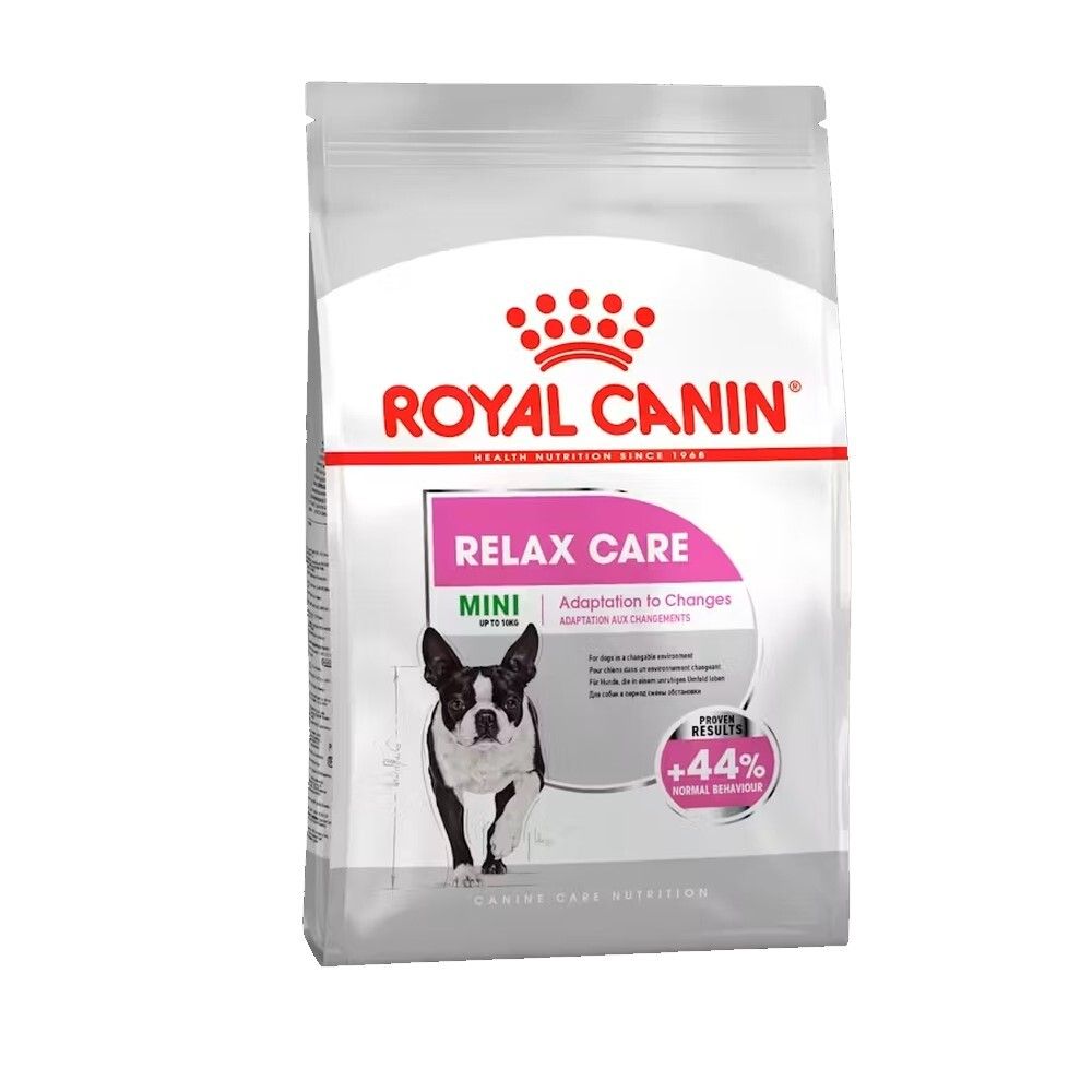 Sac de nourriture Royal Canin Relax Care Mini pour chien, avec illustration de Boston Terrier.