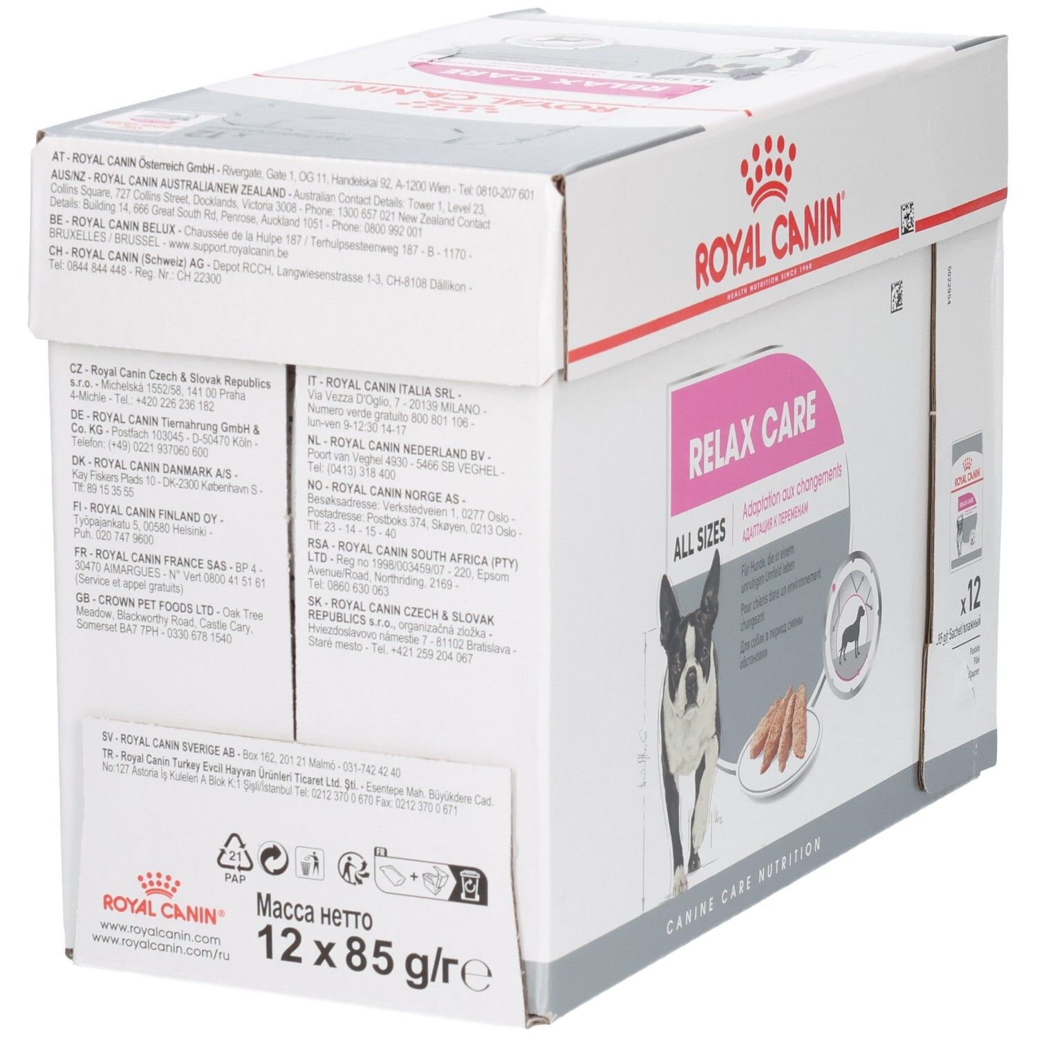 Rückseite des Royal Canin Relax Care Kartons mit Adressliste und Produktinformationen.