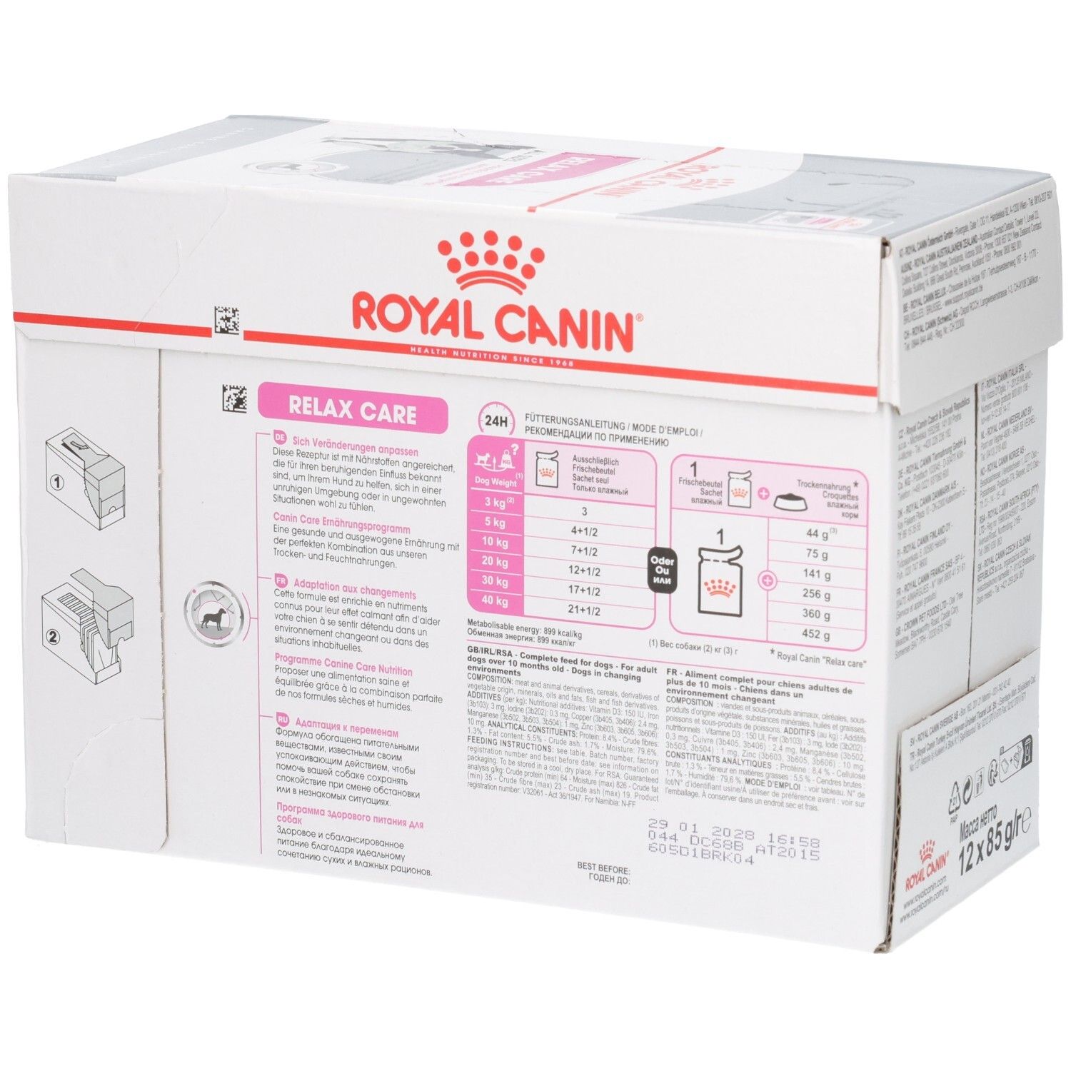Seitenansicht des Royal Canin Relax Care Kartons mit Fütterungsempfehlungen.