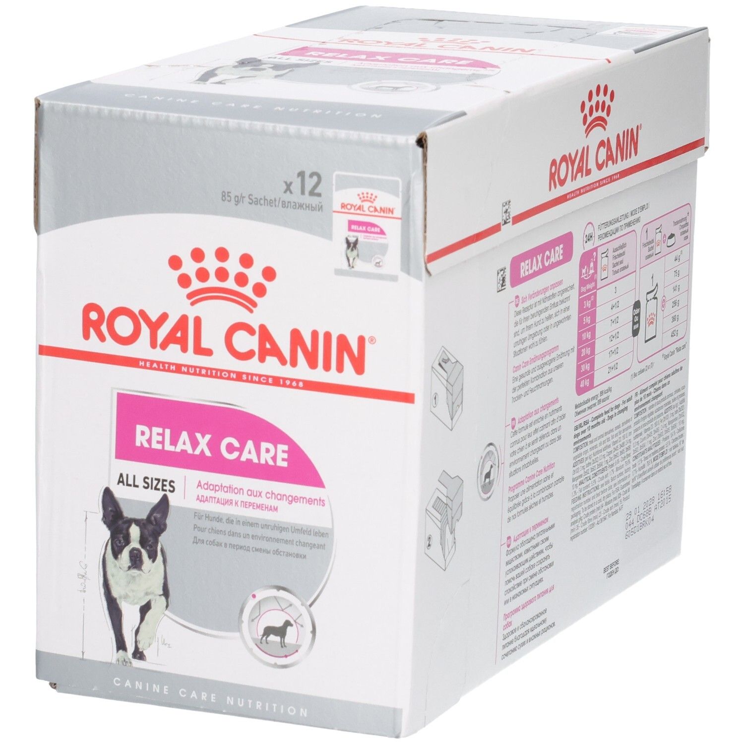 Vorderseite des Royal Canin Relax Care Kartons mit Hundebild und Produktinformationen.