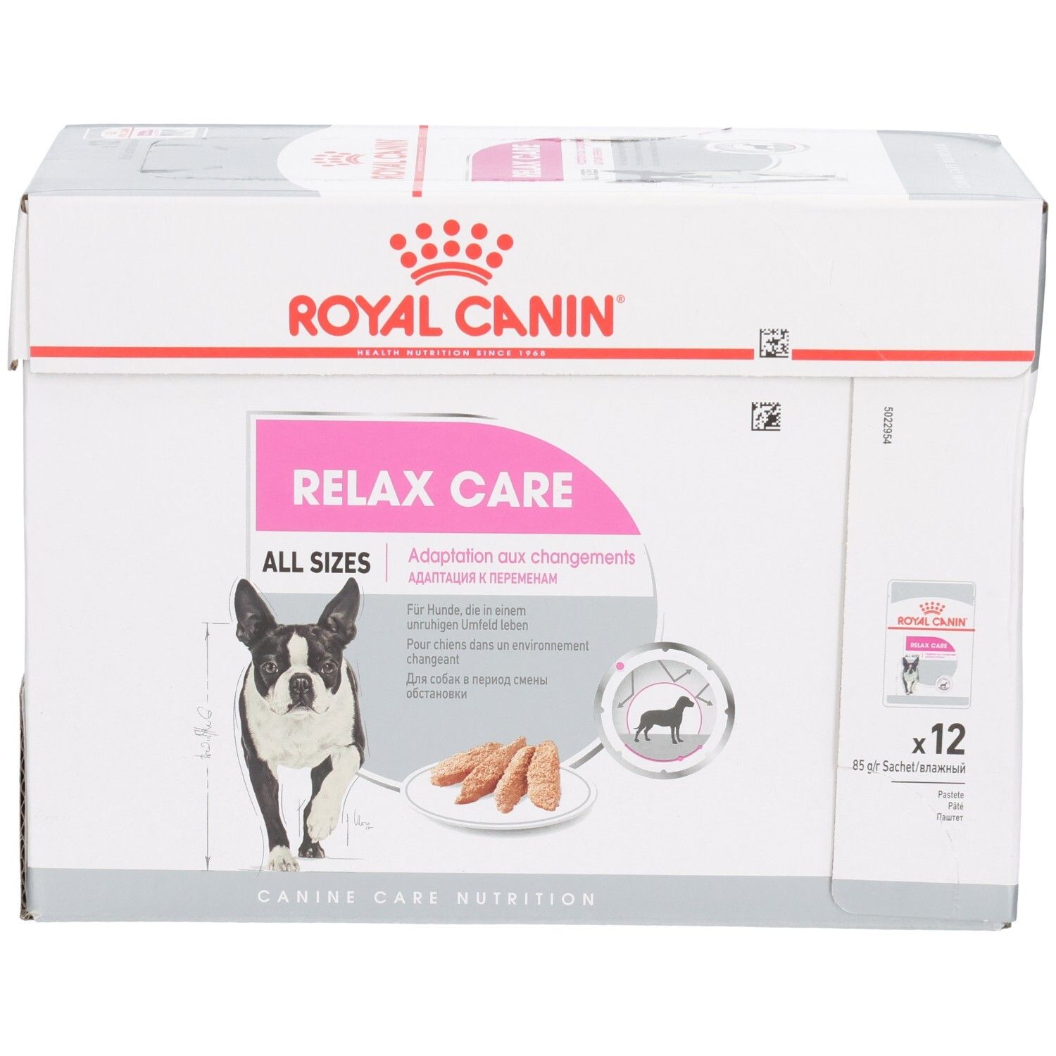 Royal Canin Relax Care Karton mit 12 Beuteln, All Sizes, mit Hund und Futter.