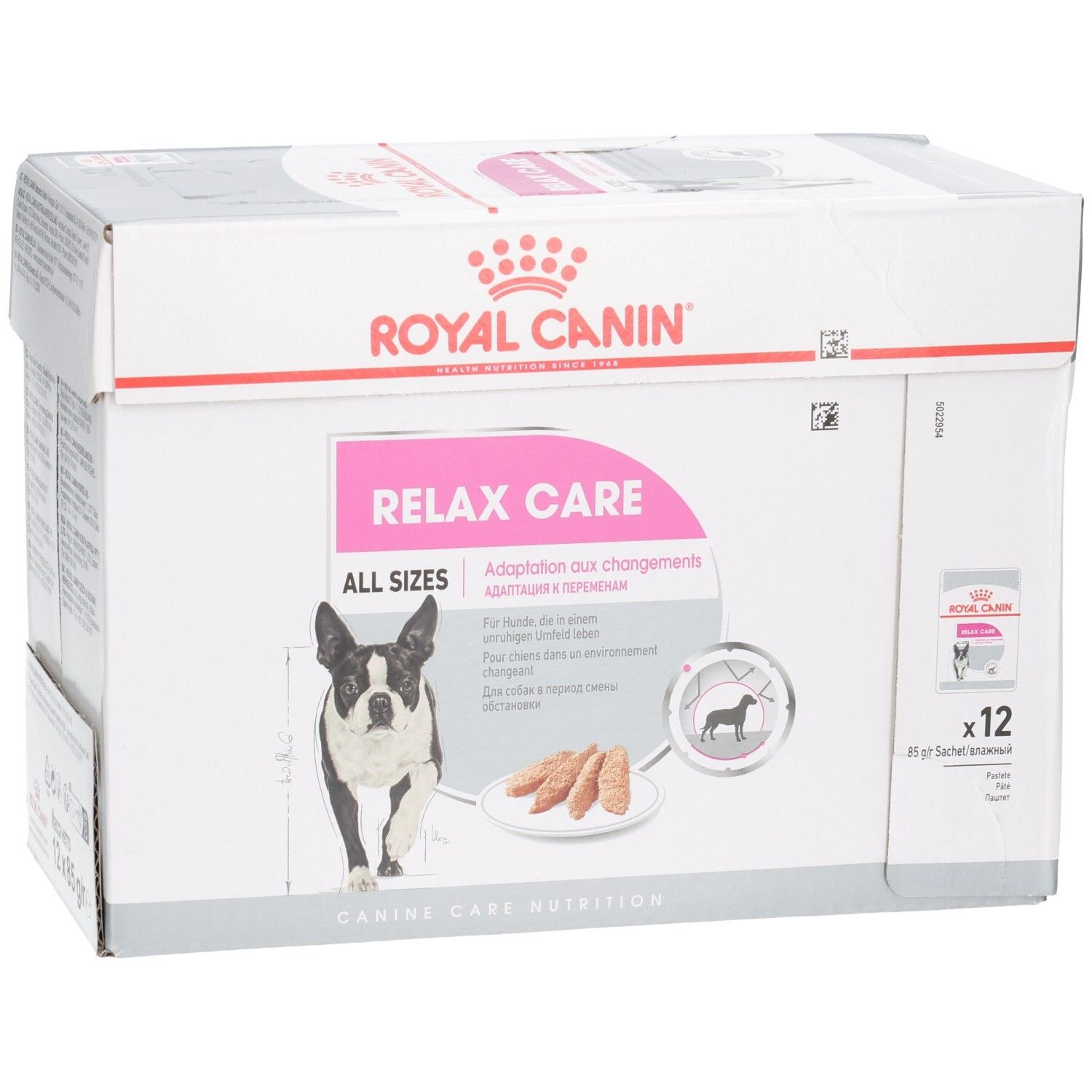 Royal Canin Relax Care Karton mit 12 Beuteln, All Sizes, mit Hund und Futter.