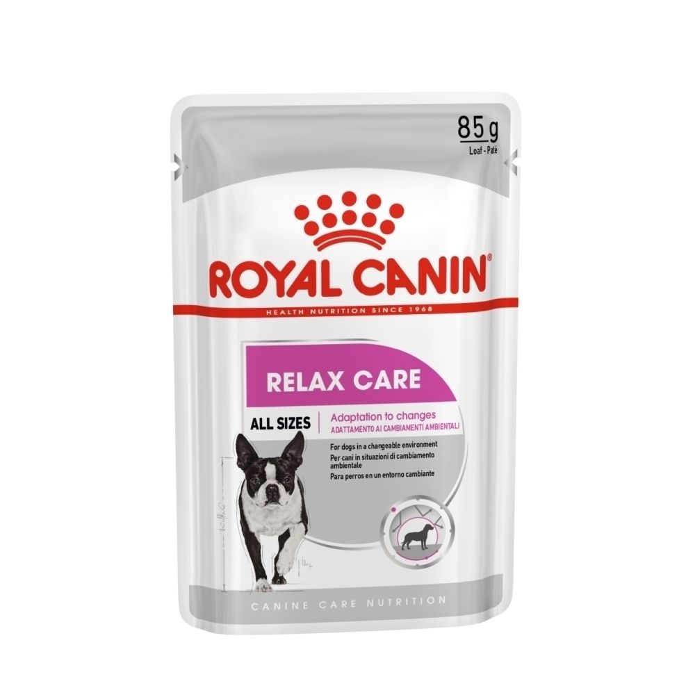 Royal Canin Relax Care Hundefutterbeutel, 85g. Mit Boston Terrier Abbildung.