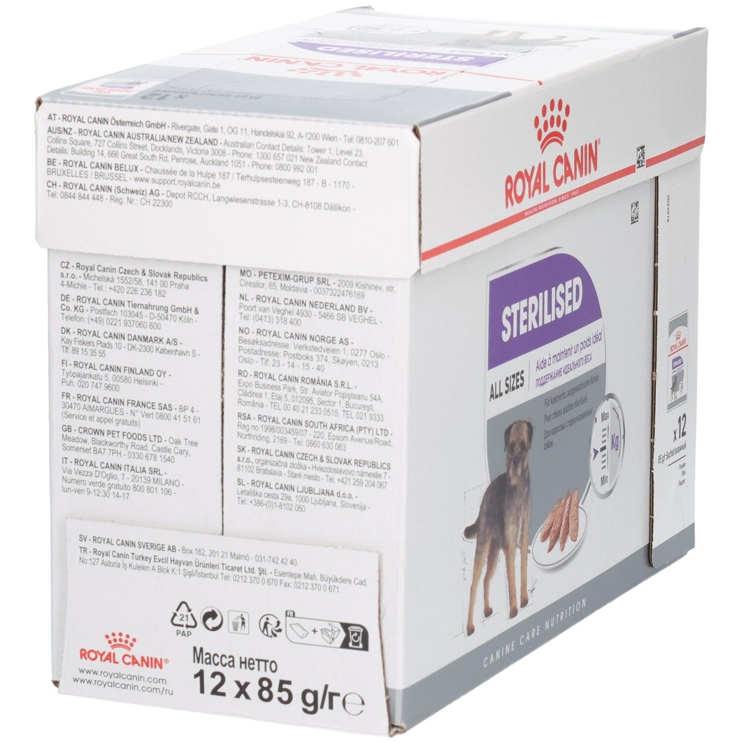 Rückseite der Royal Canin Sterilised All Sizes Hundefutter-Box mit Adressinformationen und Produktmerkmalen.