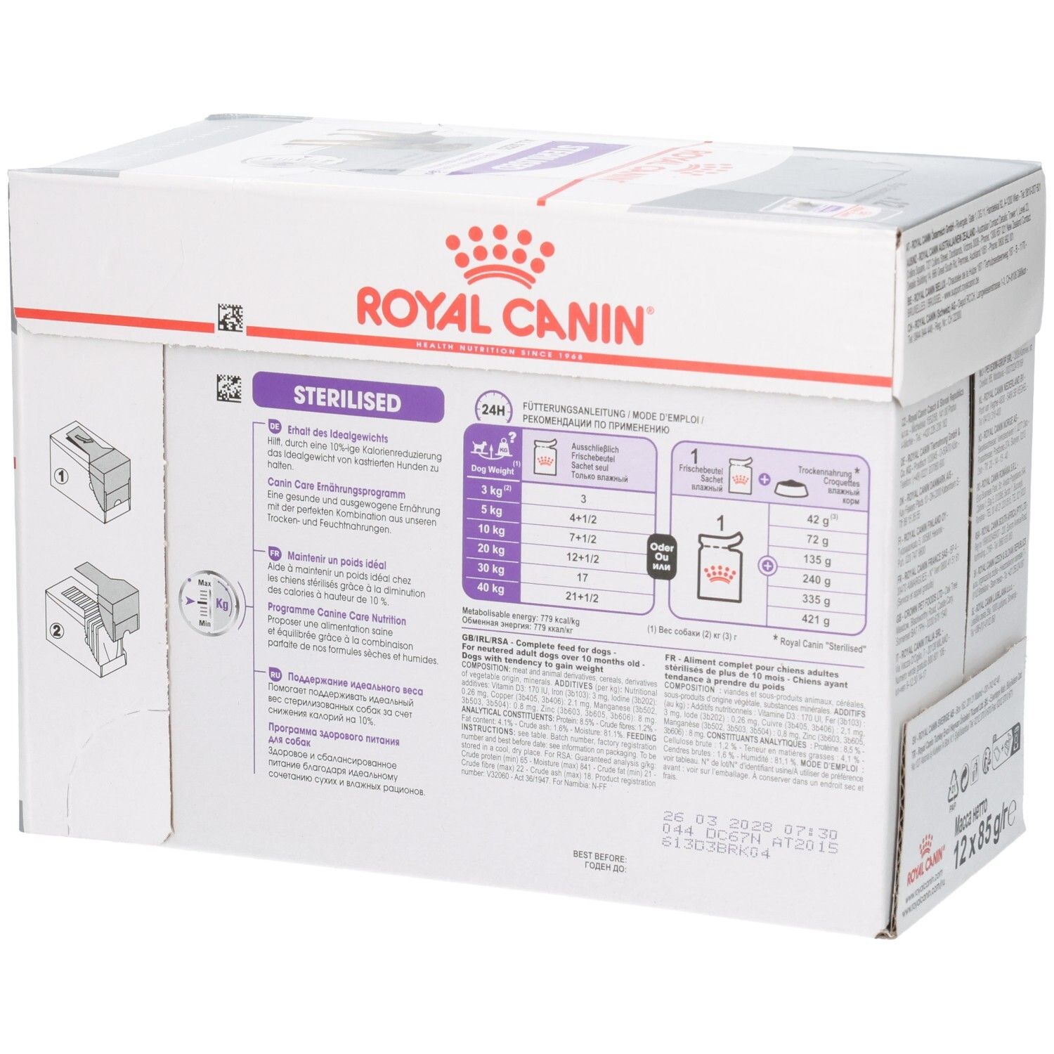 Seitenansicht der Royal Canin Sterilised All Sizes Hundefutter-Box mit Fütterungsempfehlungen und Produktinformationen.