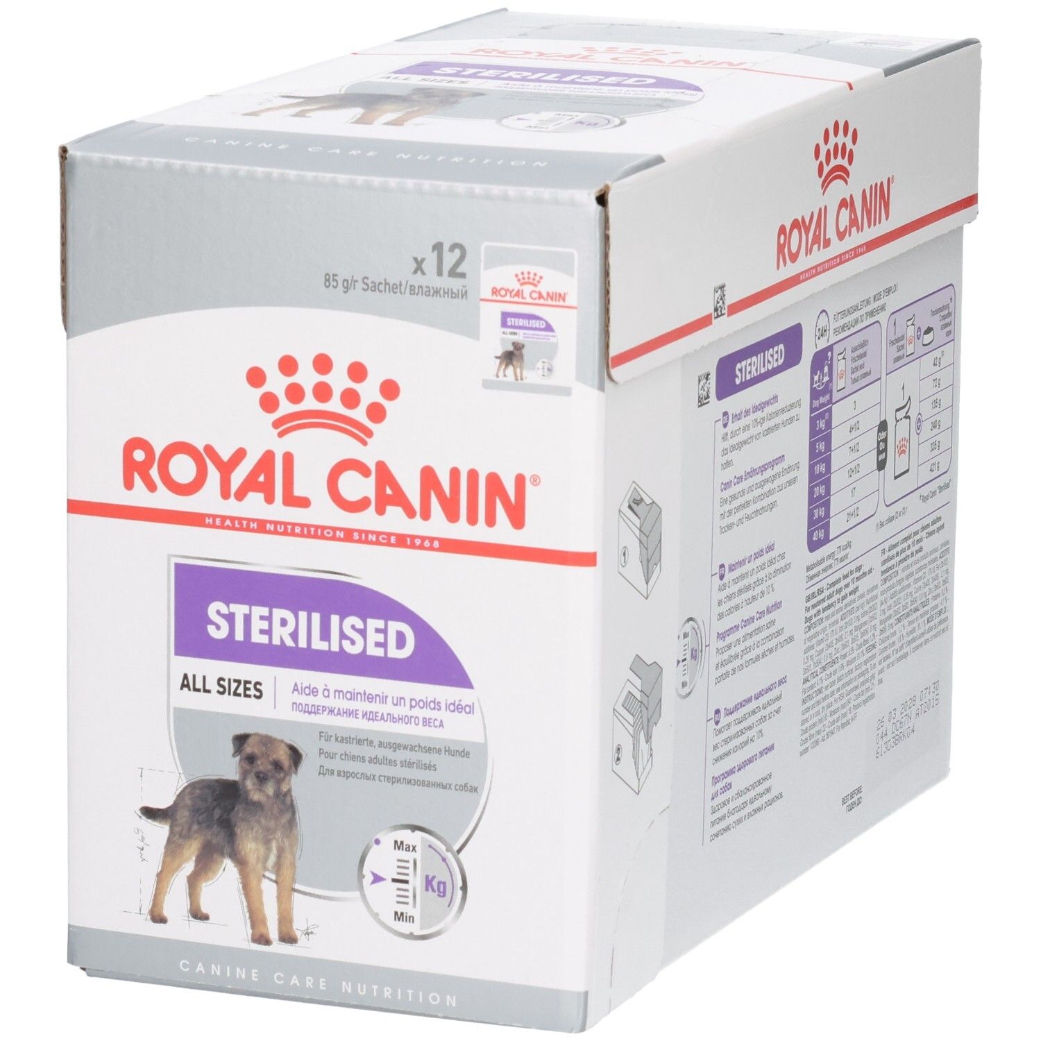 Vorderseite der Royal Canin Sterilised All Sizes Hundefutter-Box mit Produktbild und Markennamen.