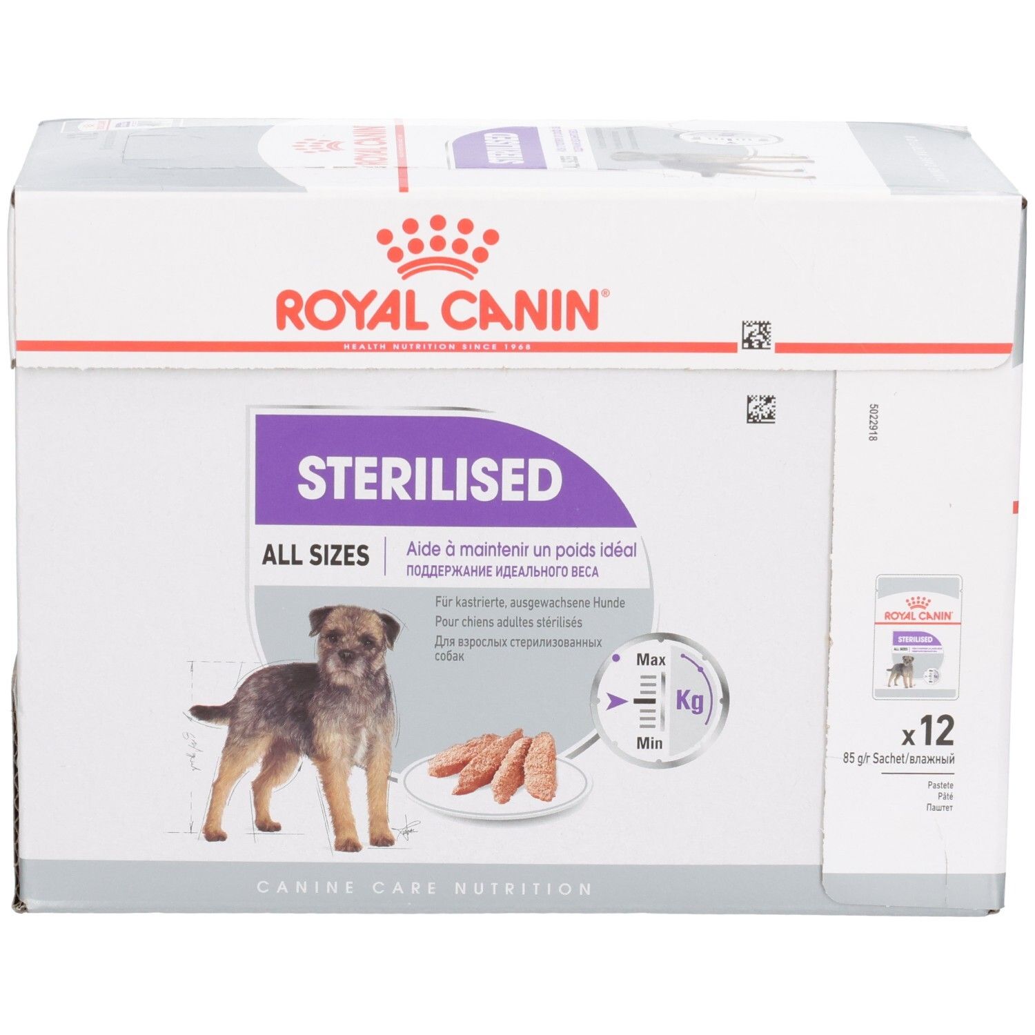 Royal Canin Sterilised All Sizes Hundefutter-Box, Vorderansicht mit Hundebild und Produktmerkmalen.