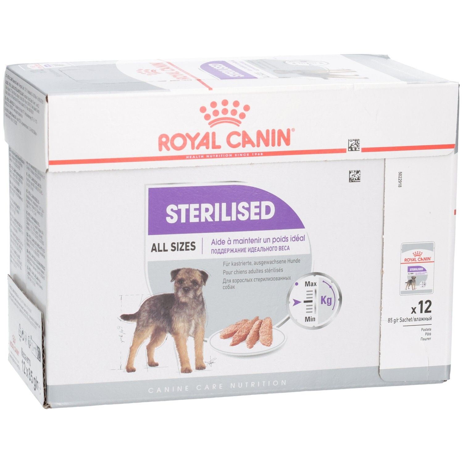 Royal Canin Sterilised All Sizes Hundefutter-Box, schräge Vorderansicht mit Produktbild und Markennamen.