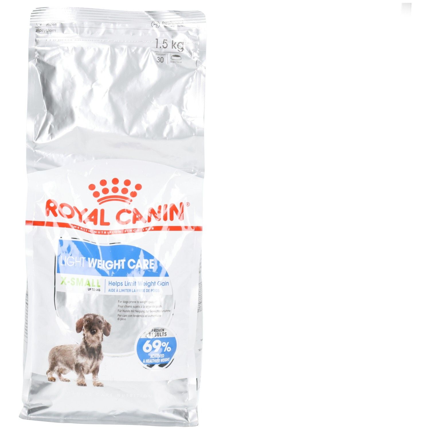 Royal Canin X-SMALL LIGHT WEIGHT CARE 1.5 kg Hundefutter-Packung mit Hundebild und Produktinformationen.