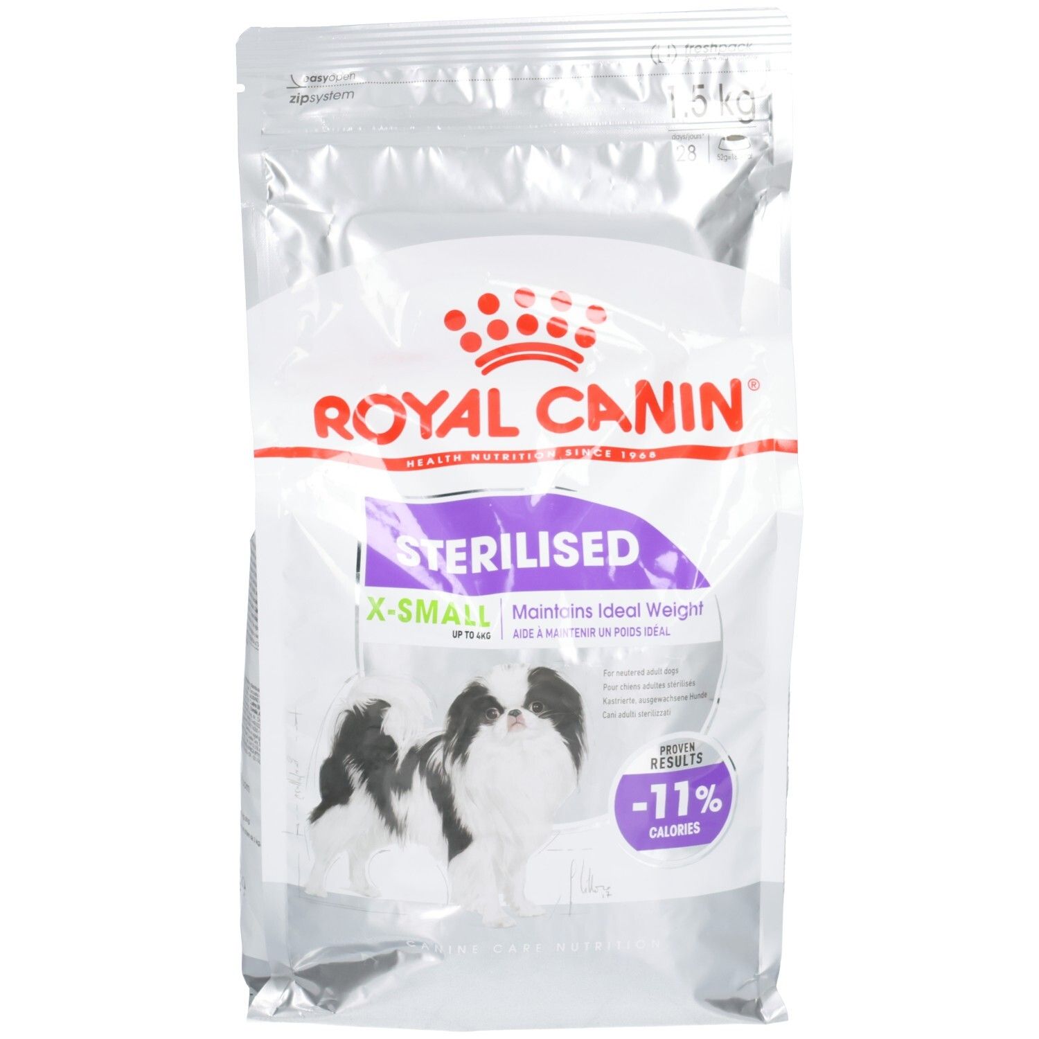 Royal Canin Sterilised X-Small Hundefutter, Beutel mit Hundenabbildung und Kalorienreduktion.