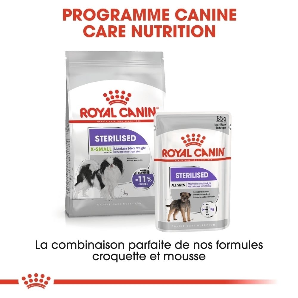 Royal Canin Sterilised Hundefutter: Trockenfutterbeutel und Nassfutter-Schale für kastrierte Hunde.